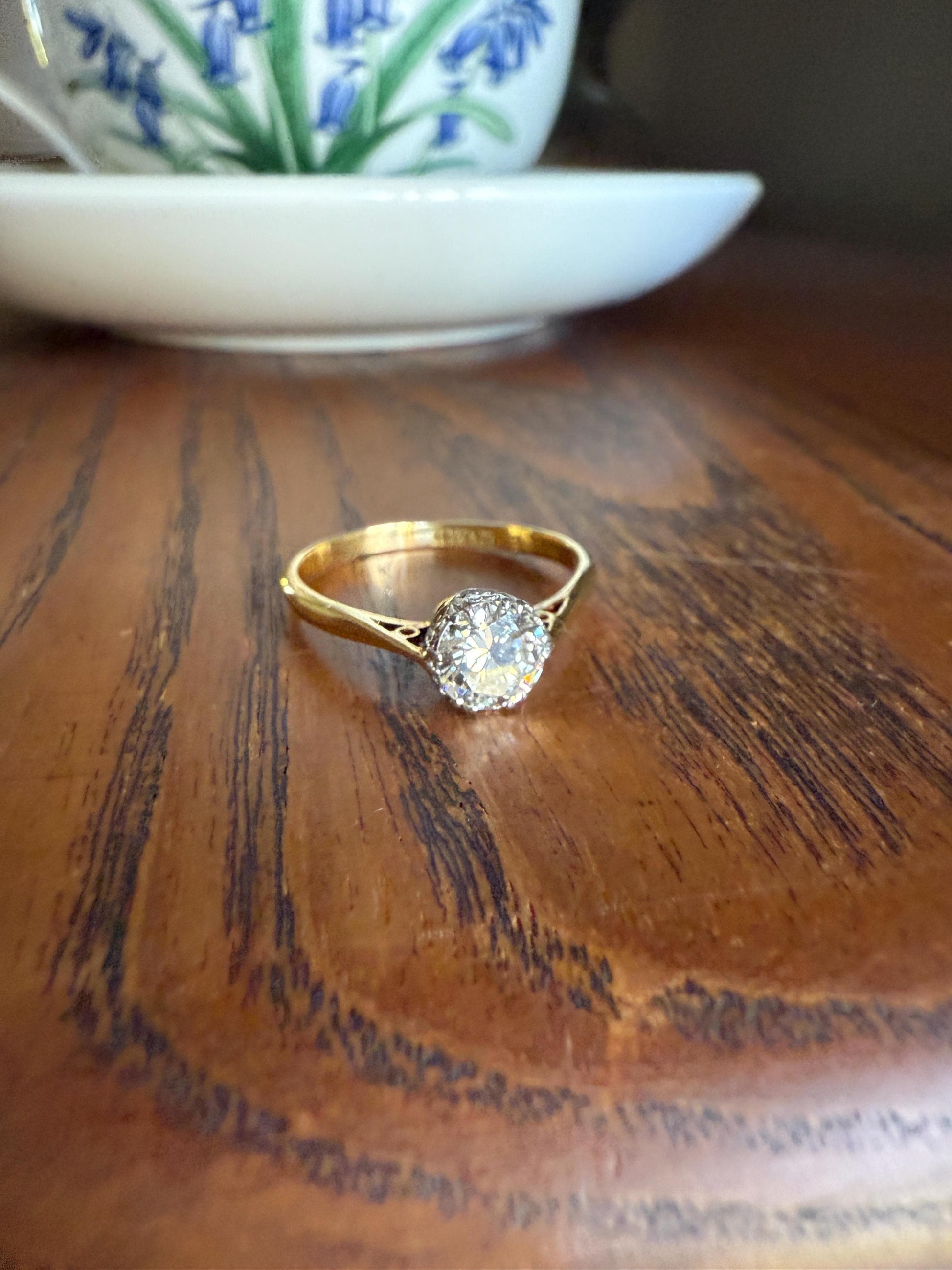 Art Deco Vintage to Antique .8 Carat Transitional Cut DIAMOND Solitaire 18k Gold Platinum Ring Engagement Stacker Crown Prong Romantic Gift
