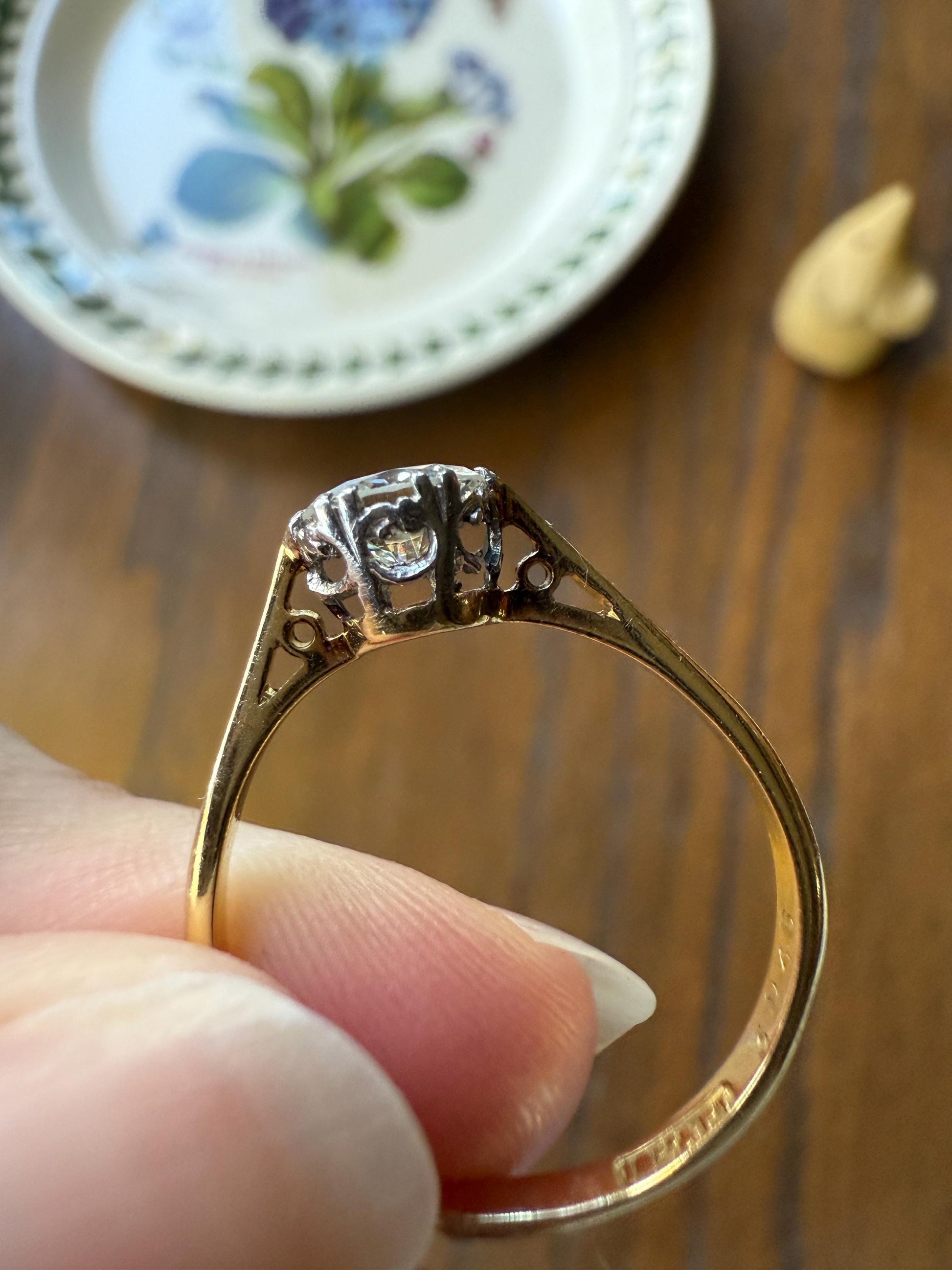 Art Deco Vintage to Antique .8 Carat Transitional Cut DIAMOND Solitaire 18k Gold Platinum Ring Engagement Stacker Crown Prong Romantic Gift