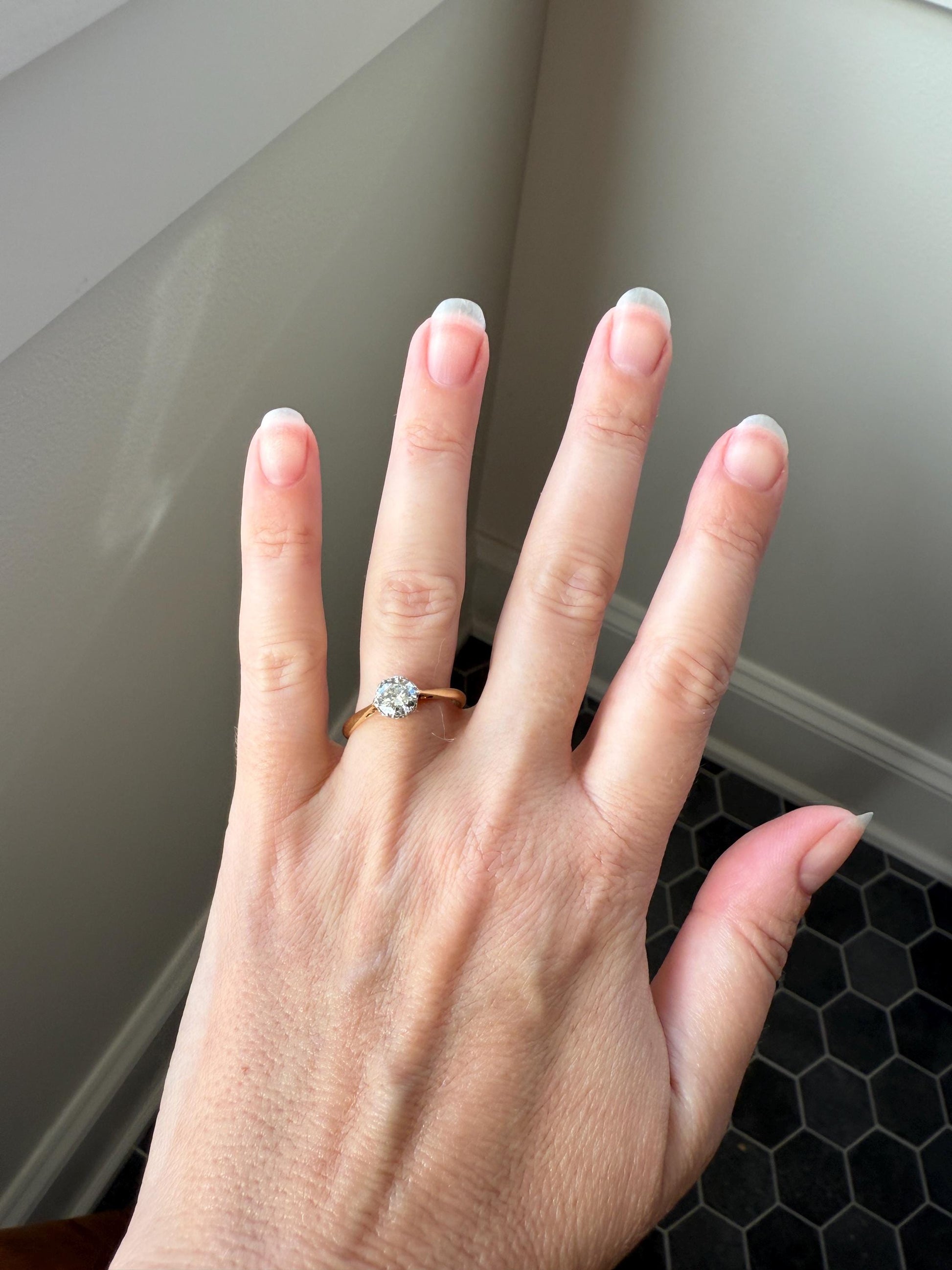 Art Deco Vintage to Antique .8 Carat Transitional Cut DIAMOND Solitaire 18k Gold Platinum Ring Engagement Stacker Crown Prong Romantic Gift