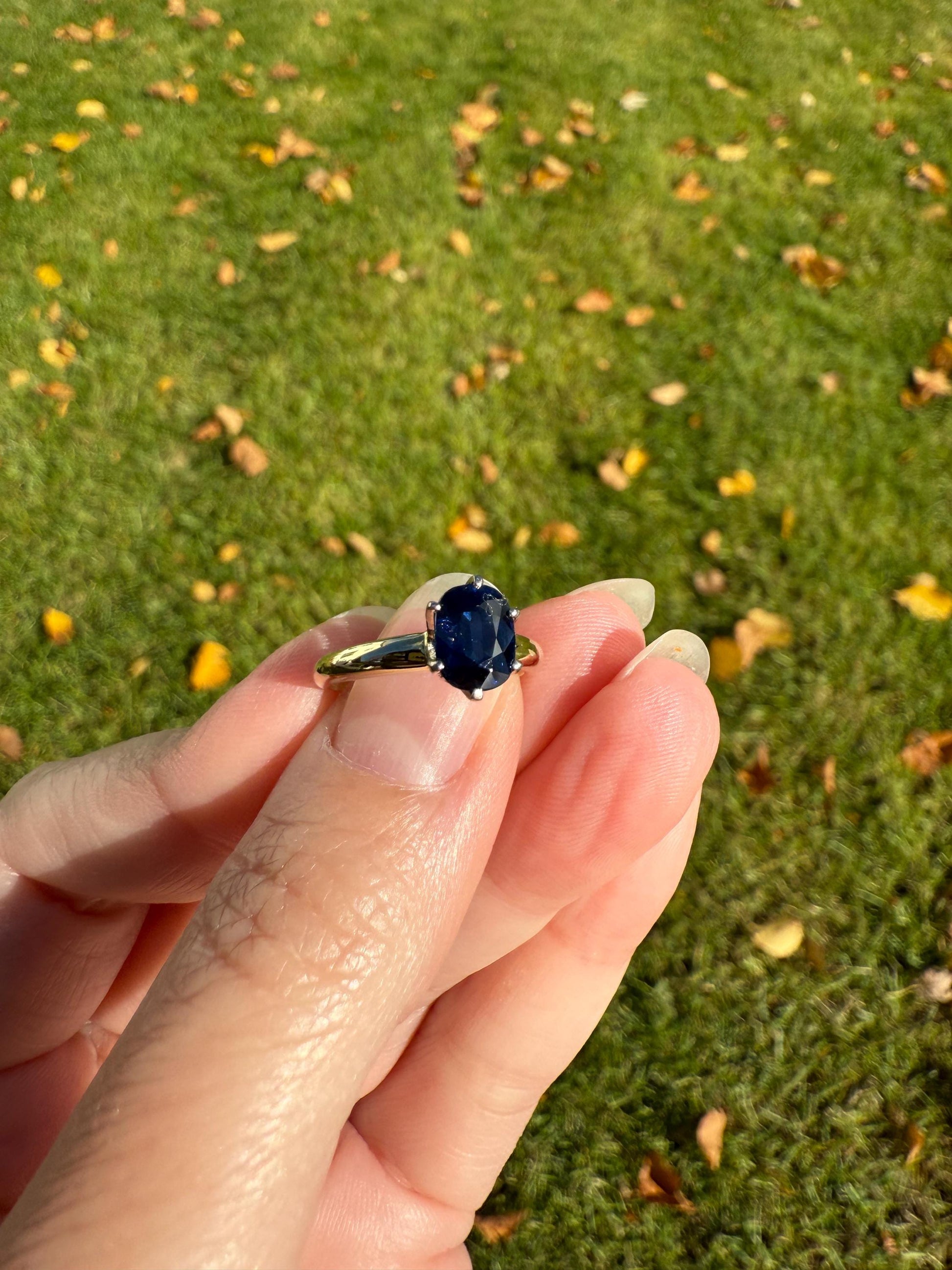 Antique Natural Sapphire Tall Solitaire Ring 14k Gold True Blue Oval Stacker Royal Glow Alternative Engagement Ring Daily Wearer A+ Stone