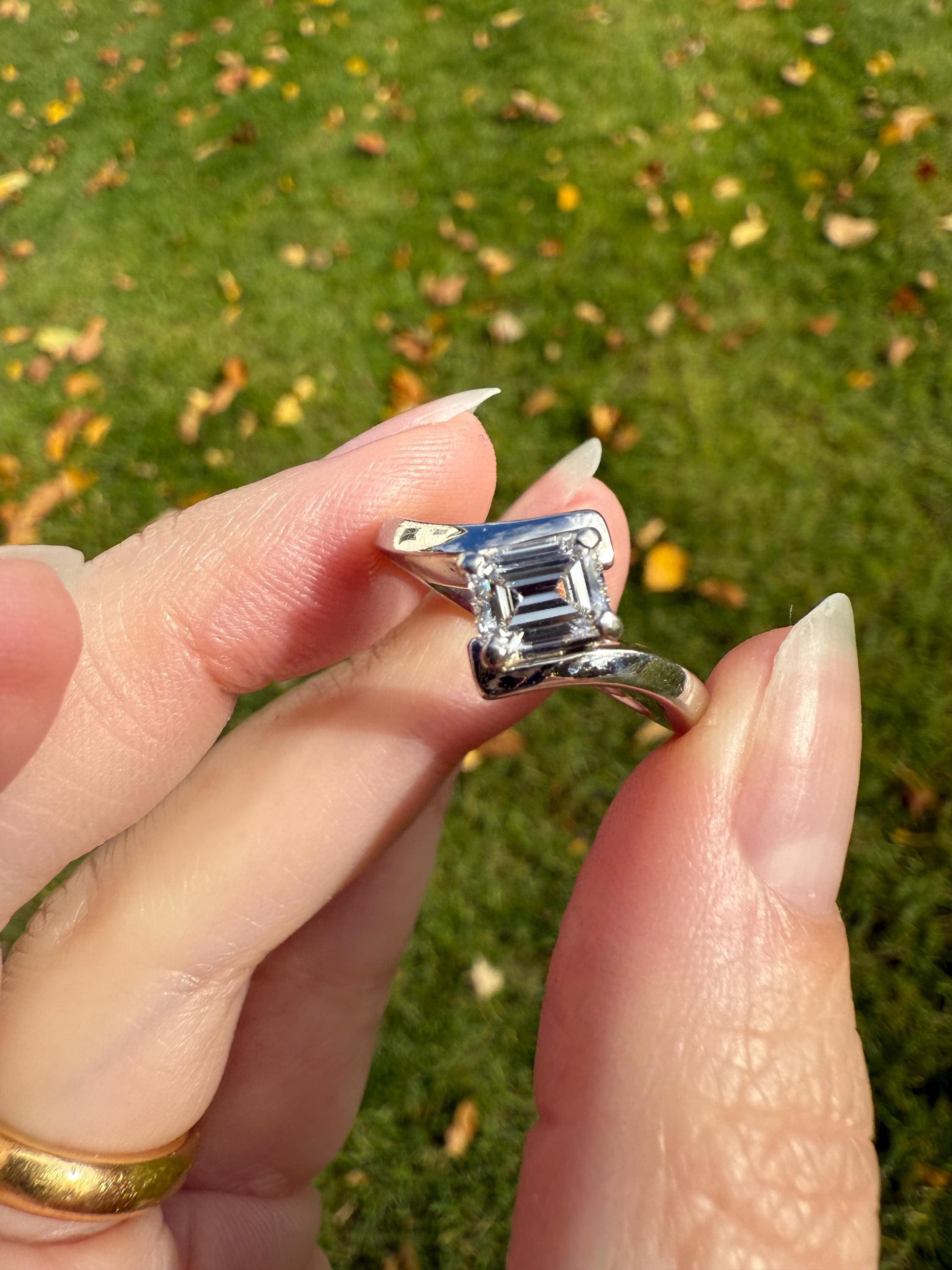 Vintage .75 Carat Emerald Cut DIAMOND Eye Clean & Bright White! Platinum Bypass Ring Retro Solitaire Stacker Engagement Ring Asymmetrical