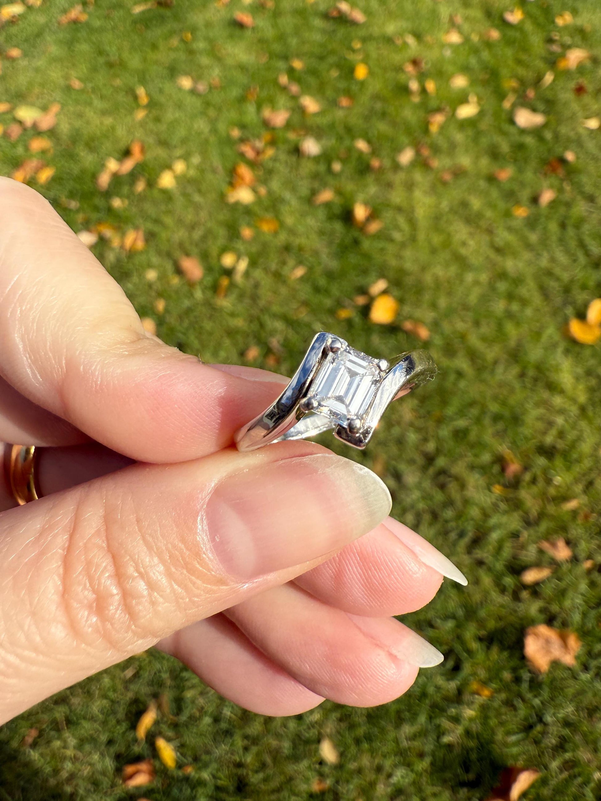 Vintage .75 Carat Emerald Cut DIAMOND Eye Clean & Bright White! Platinum Bypass Ring Retro Solitaire Stacker Engagement Ring Asymmetrical