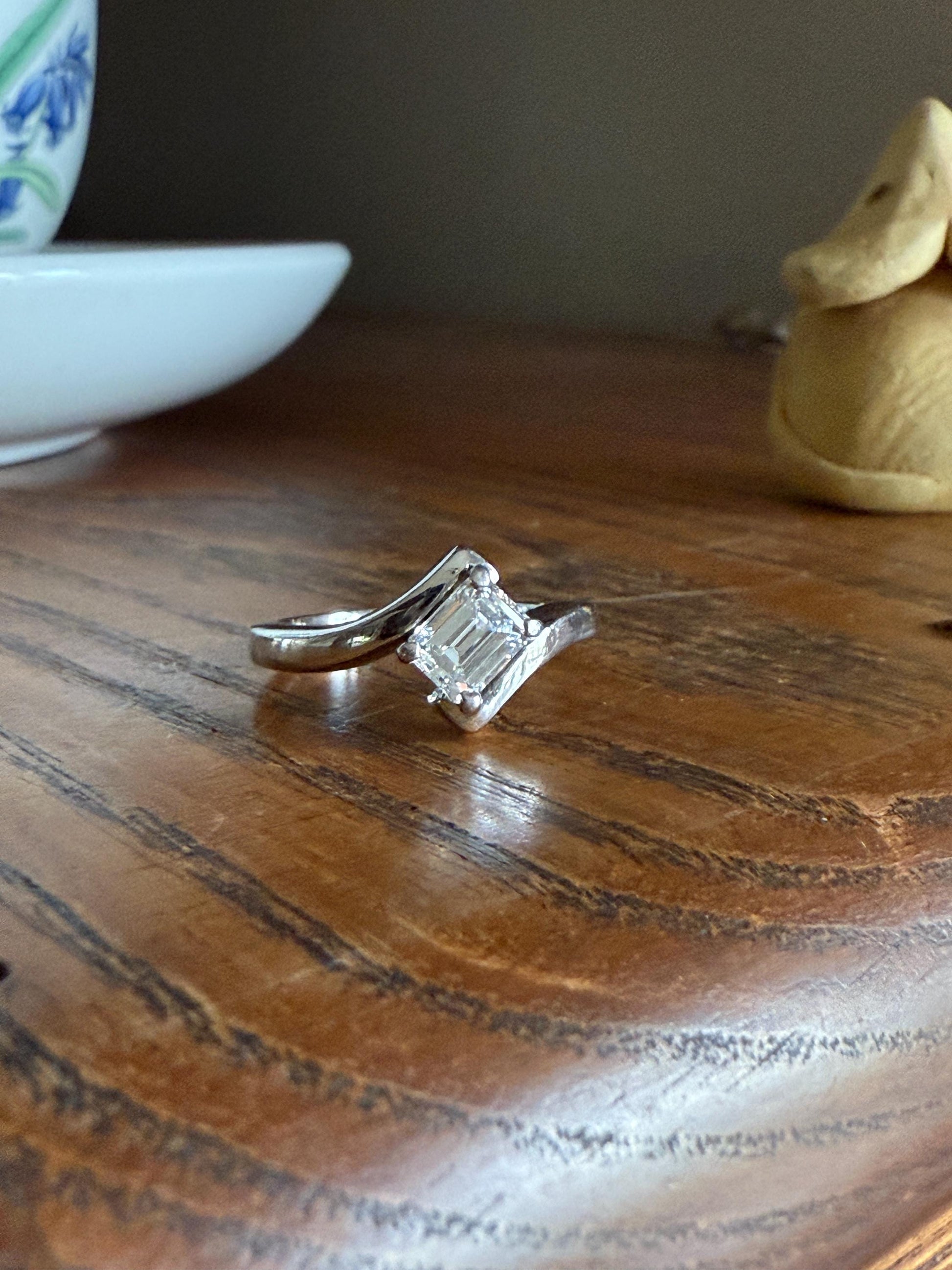 Vintage .75 Carat Emerald Cut DIAMOND Eye Clean & Bright White! Platinum Bypass Ring Retro Solitaire Stacker Engagement Ring Asymmetrical
