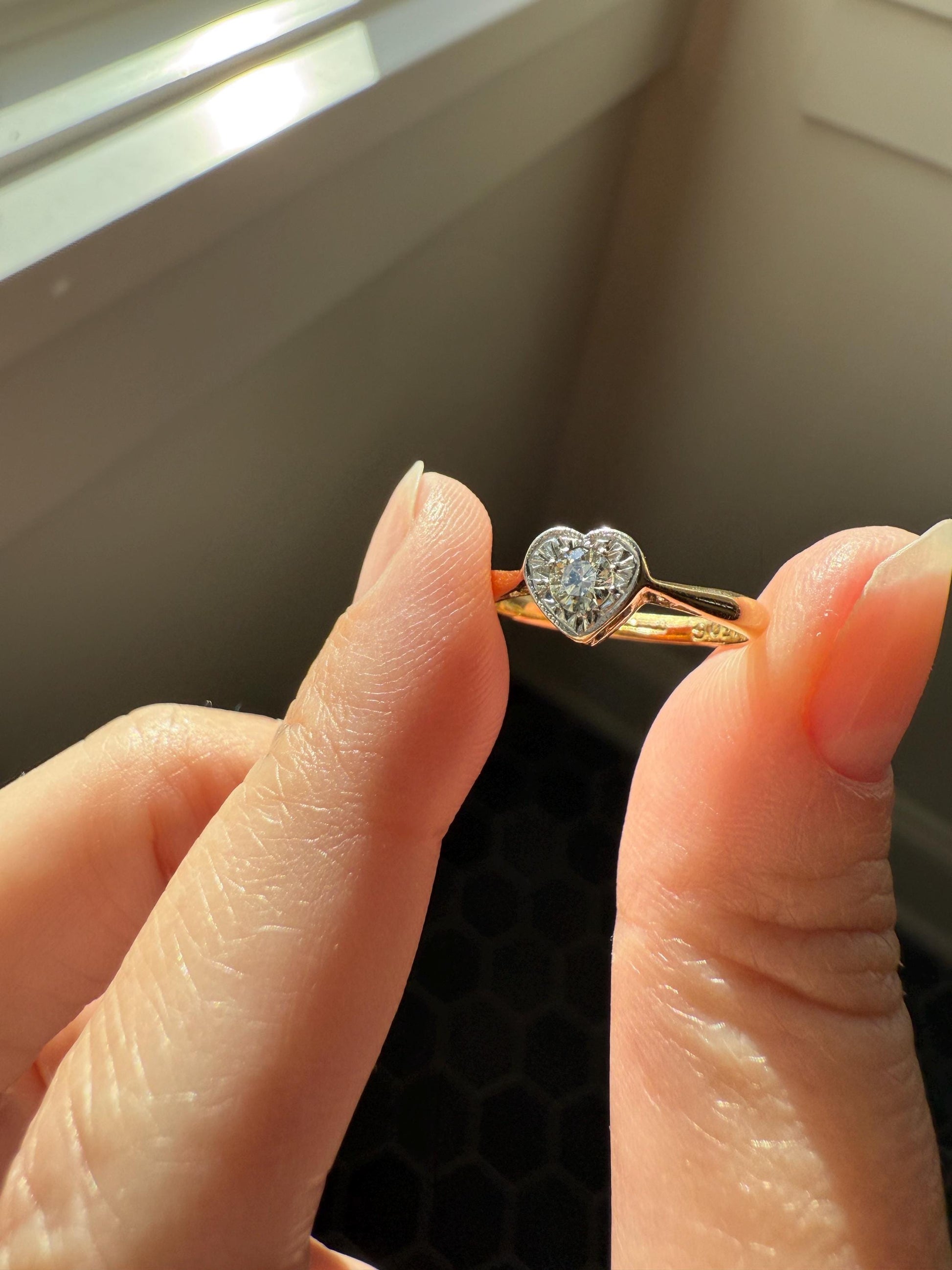 Vintage to Antique HEART Transitional Cut DIAMOND Ring Art Deco 18k Platinum Figural Stacker Band Romantic Gift Alt Engagement Starburst