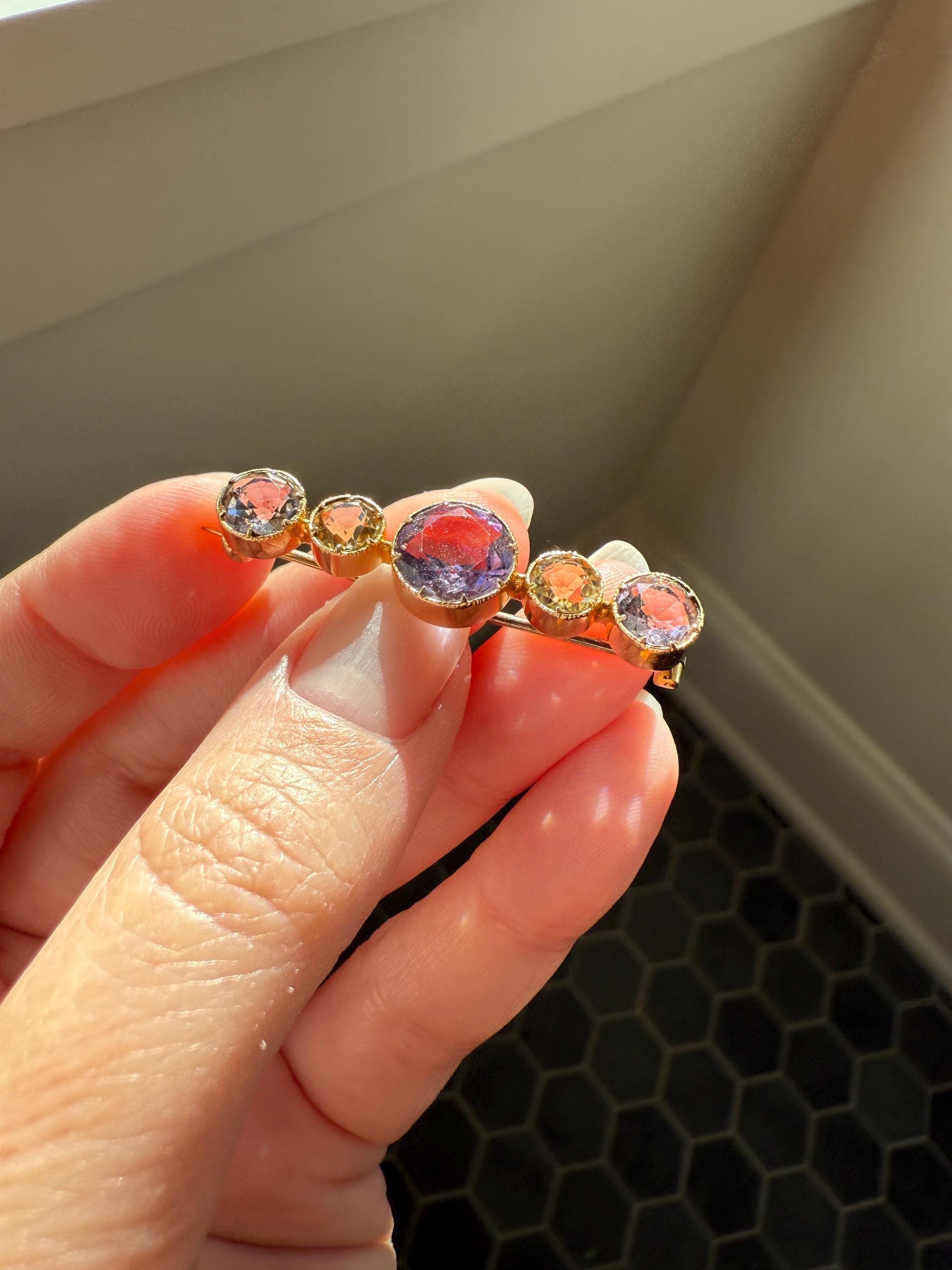 XL Antique Victorian Old Cut Amethyst Citrine Bar Brooch Extender Connector Pin Pendant Bracelet Conversion 14k Gold Purple Lavender Yellow