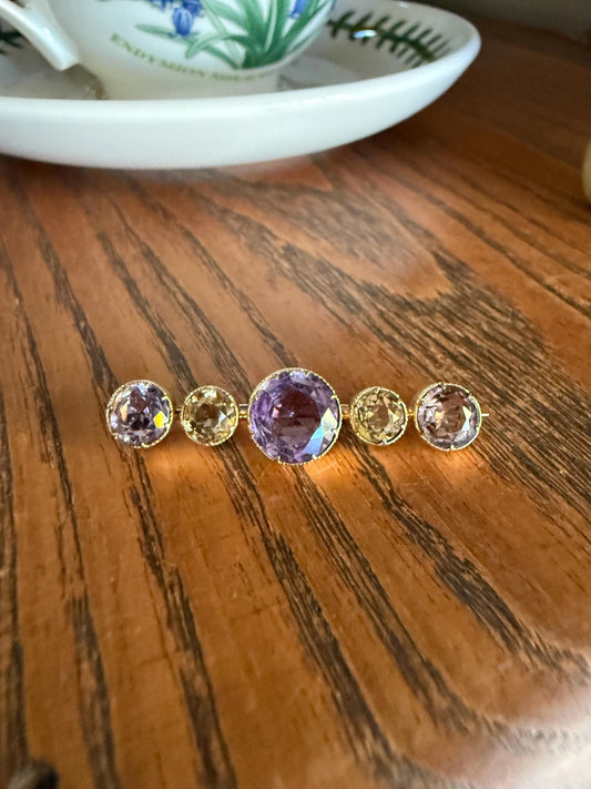 XL Antique Victorian Old Cut Amethyst Citrine Bar Brooch Extender Connector Pin Pendant Bracelet Conversion 14k Gold Purple Lavender Yellow
