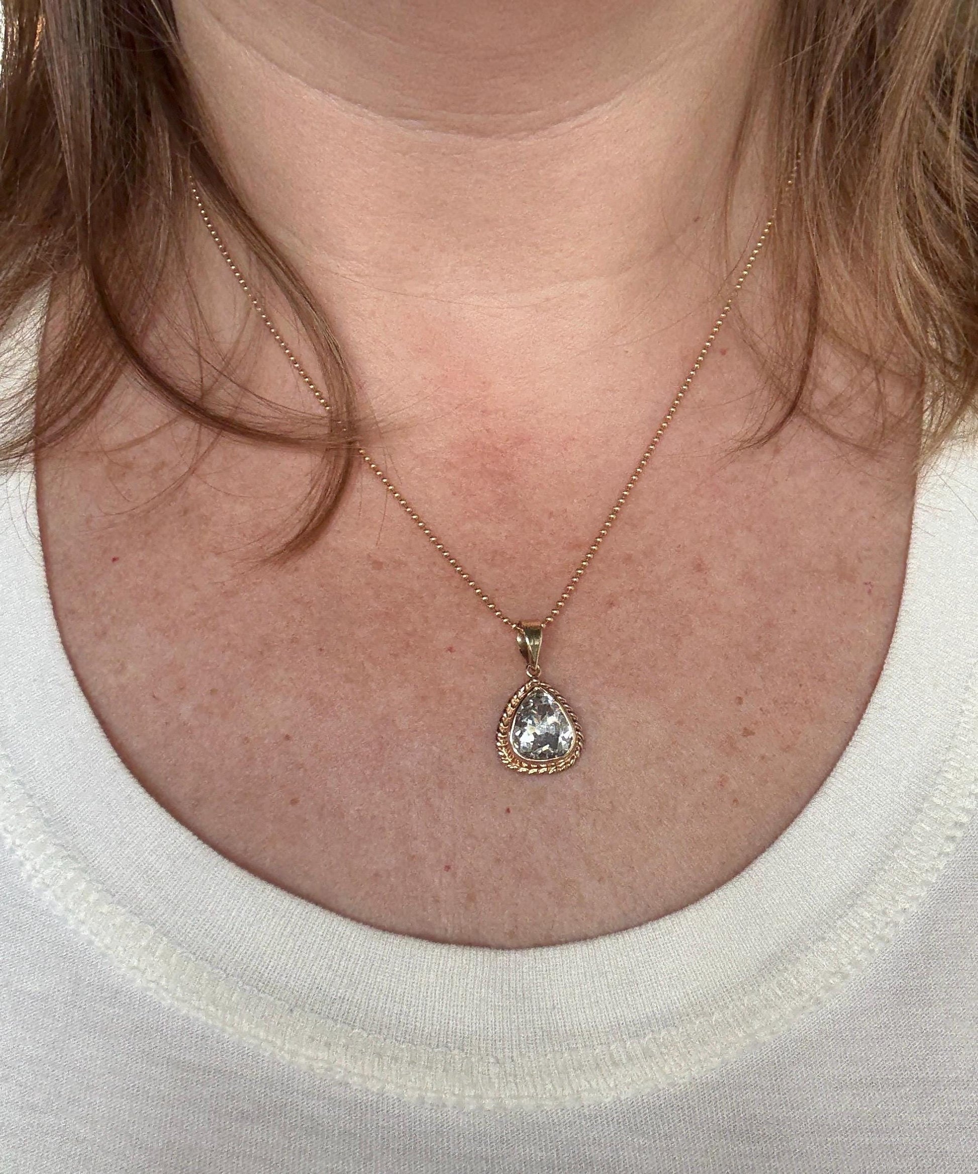 PEAR Antique Natural Old Mine Cut DIAMOND 2 Carats Chubby Pendant 14k Gold Bezel Set Retro Vintage Rope Detail Rare OMC Teardrop Drop Dangle