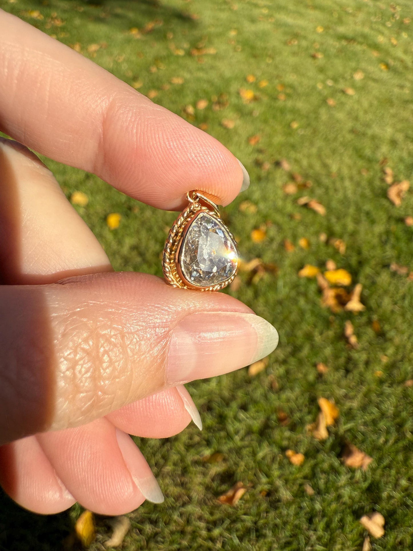 PEAR Antique Natural Old Mine Cut DIAMOND 2 Carats Chubby Pendant 14k Gold Bezel Set Retro Vintage Rope Detail Rare OMC Teardrop Drop Dangle