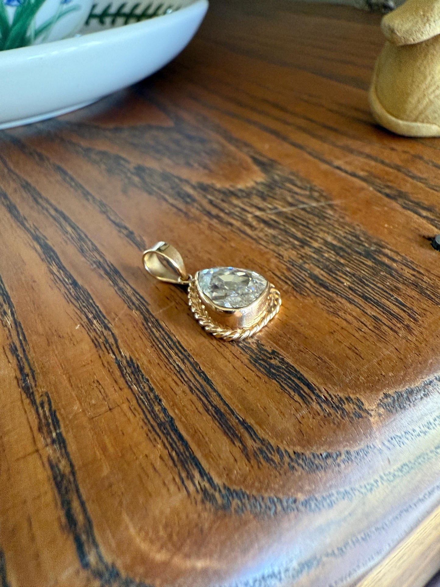 PEAR Antique Natural Old Mine Cut DIAMOND 2 Carats Chubby Pendant 14k Gold Bezel Set Retro Vintage Rope Detail Rare OMC Teardrop Drop Dangle