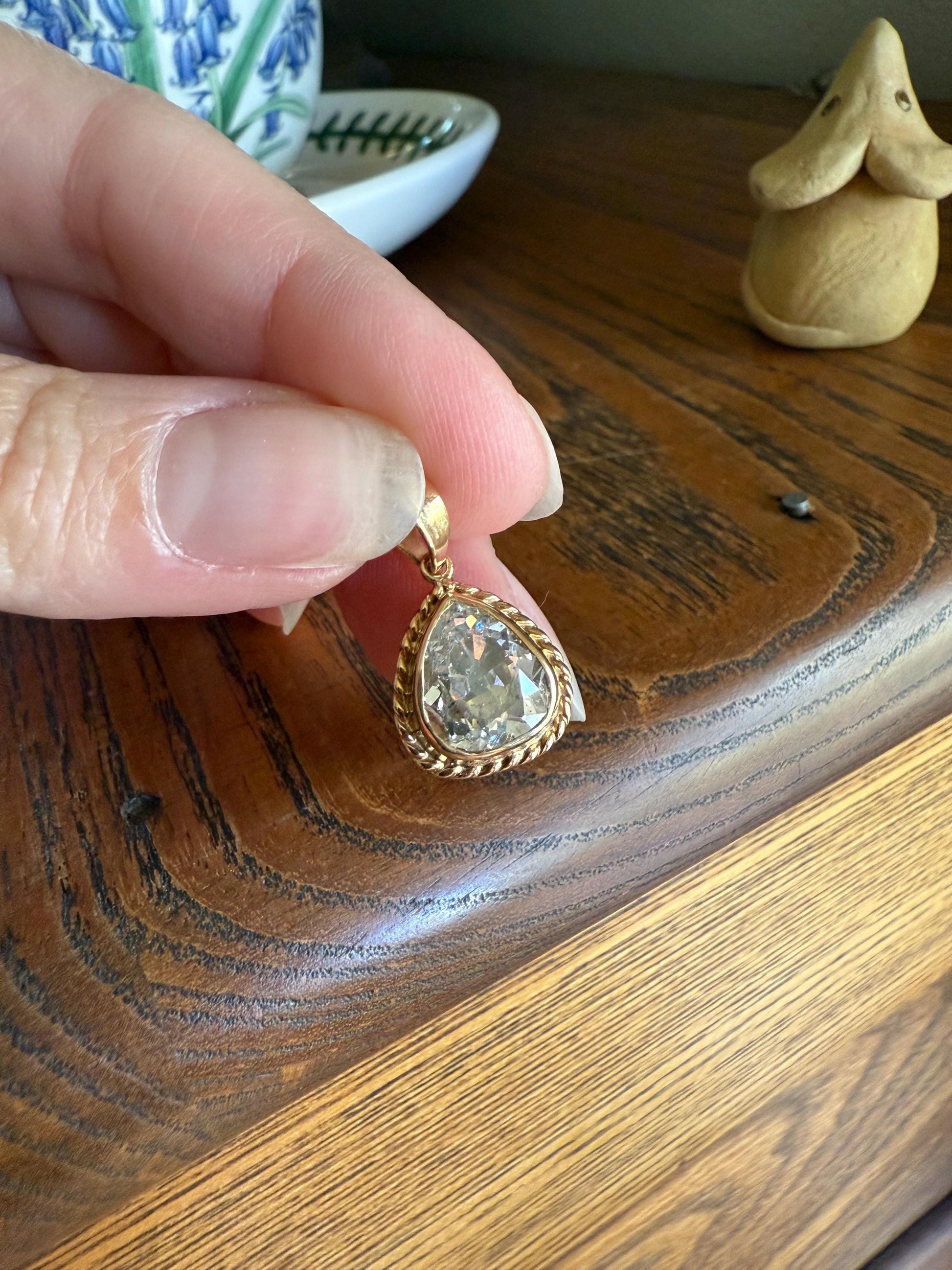 PEAR Antique Natural Old Mine Cut DIAMOND 2 Carats Chubby Pendant 14k Gold Bezel Set Retro Vintage Rope Detail Rare OMC Teardrop Drop Dangle