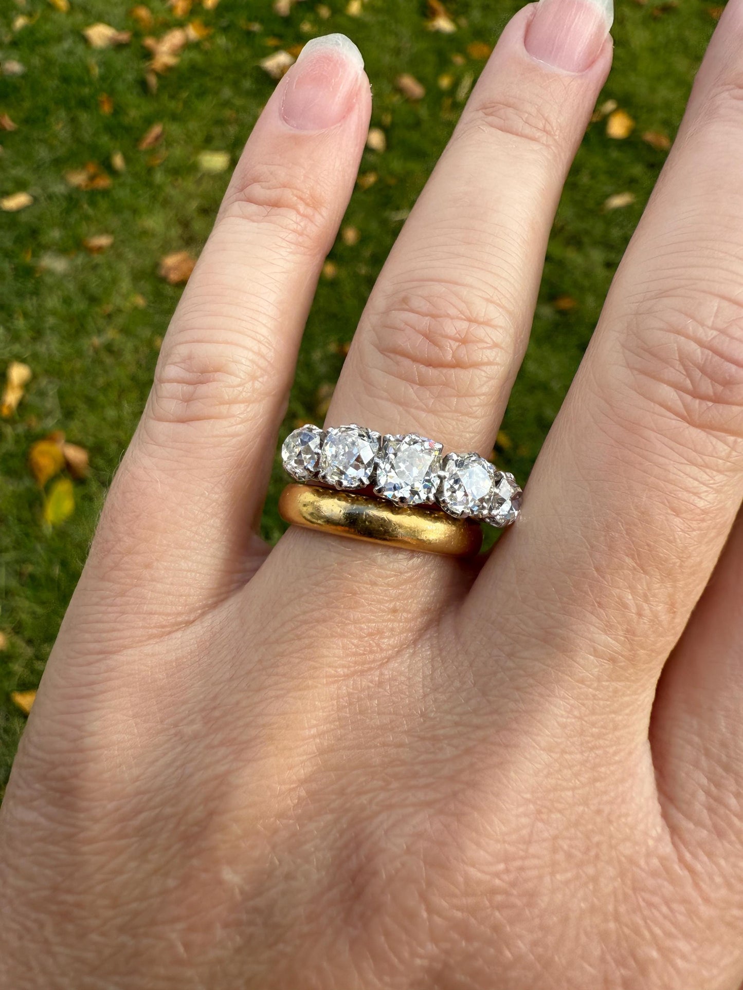 Fabulous 2.4 Carat Chunky Antique Natural Old Mine Cut DIAMOND Eye Clean Five Stone Band French 18k White Gold Platinum Solid Stacker Gift