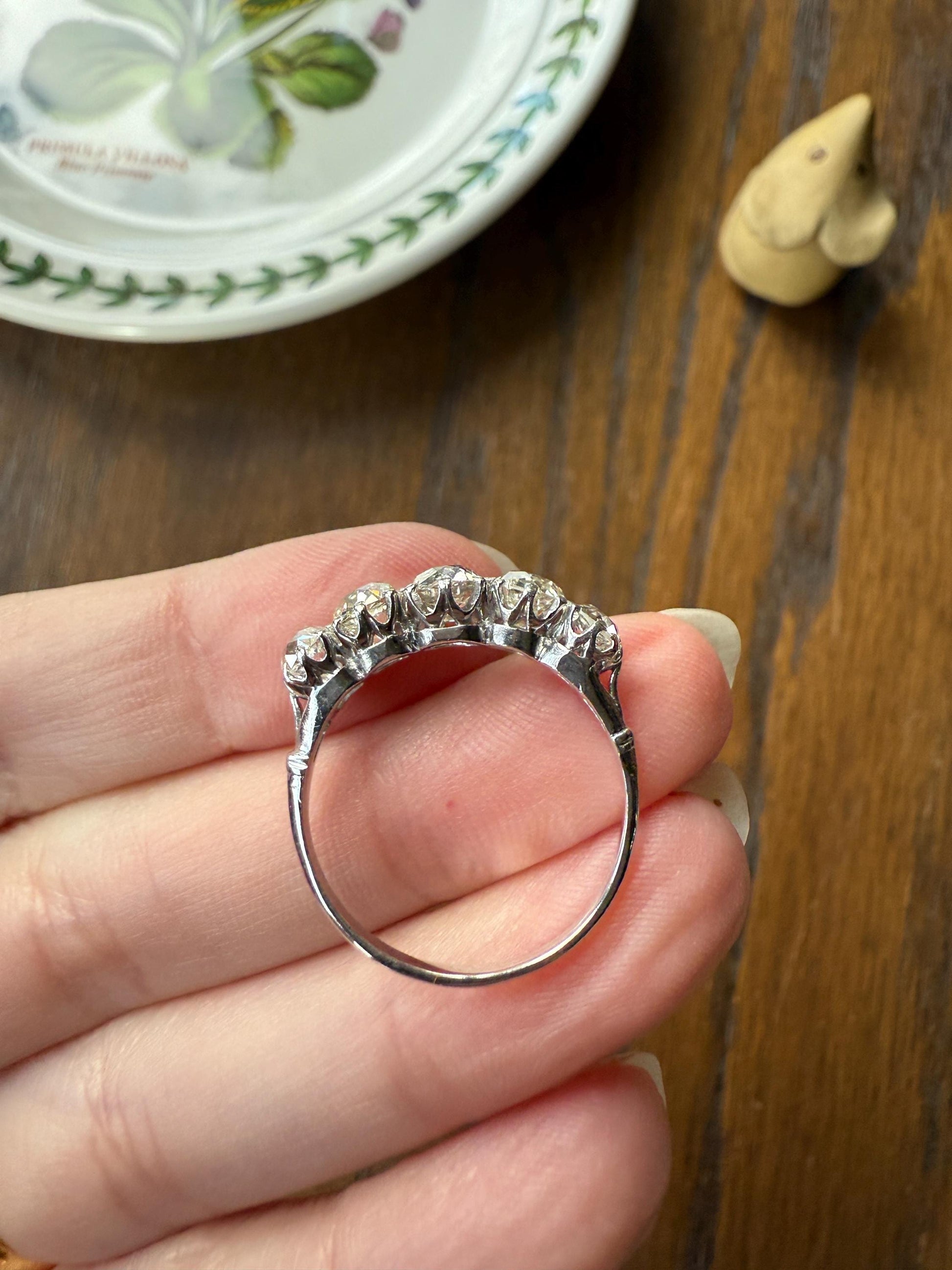 Fabulous 2.4 Carat Chunky Antique Natural Old Mine Cut DIAMOND Eye Clean Five Stone Band French 18k White Gold Platinum Solid Stacker Gift