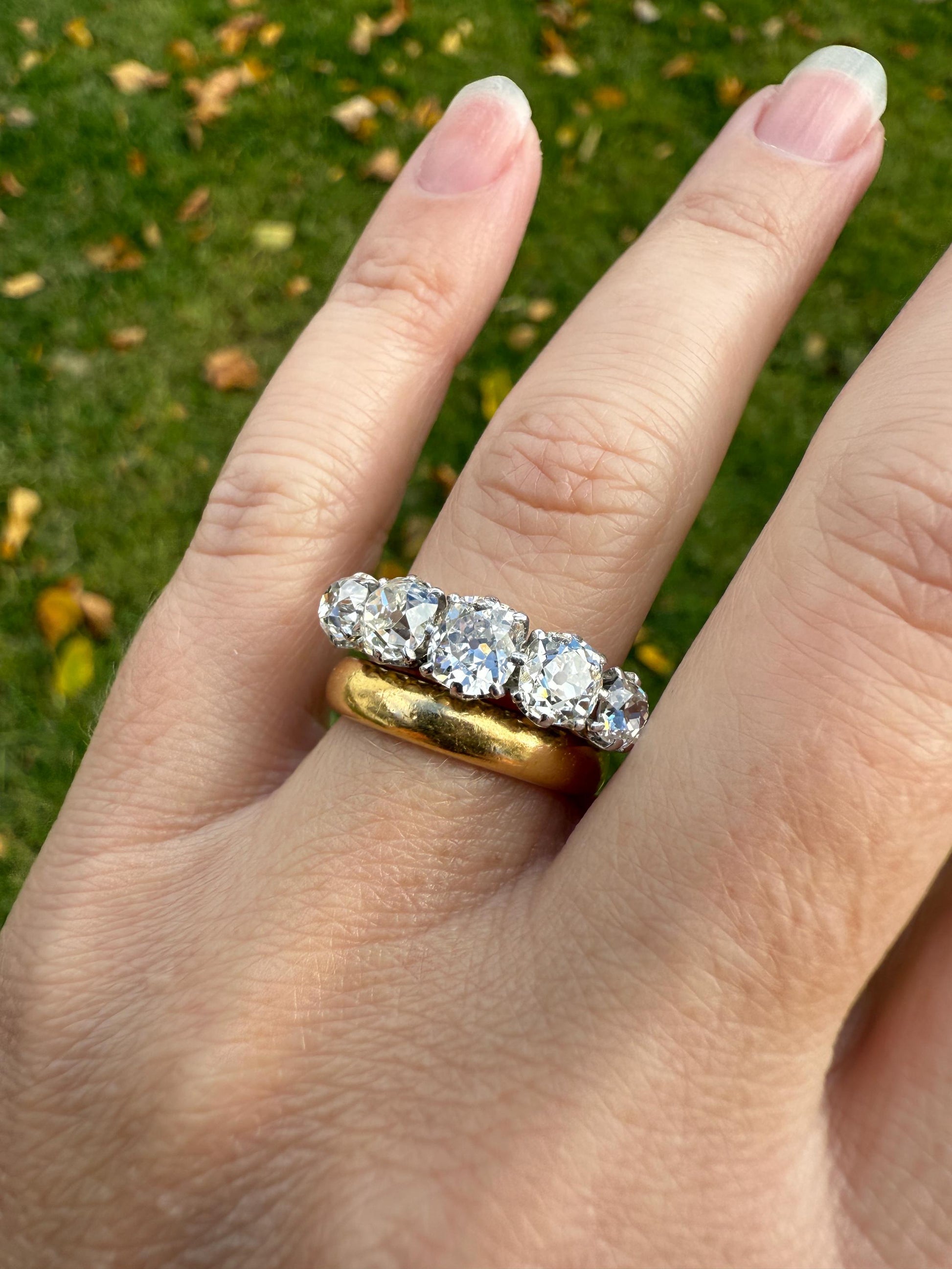 Fabulous 2.4 Carat Chunky Antique Natural Old Mine Cut DIAMOND Eye Clean Five Stone Band French 18k White Gold Platinum Solid Stacker Gift