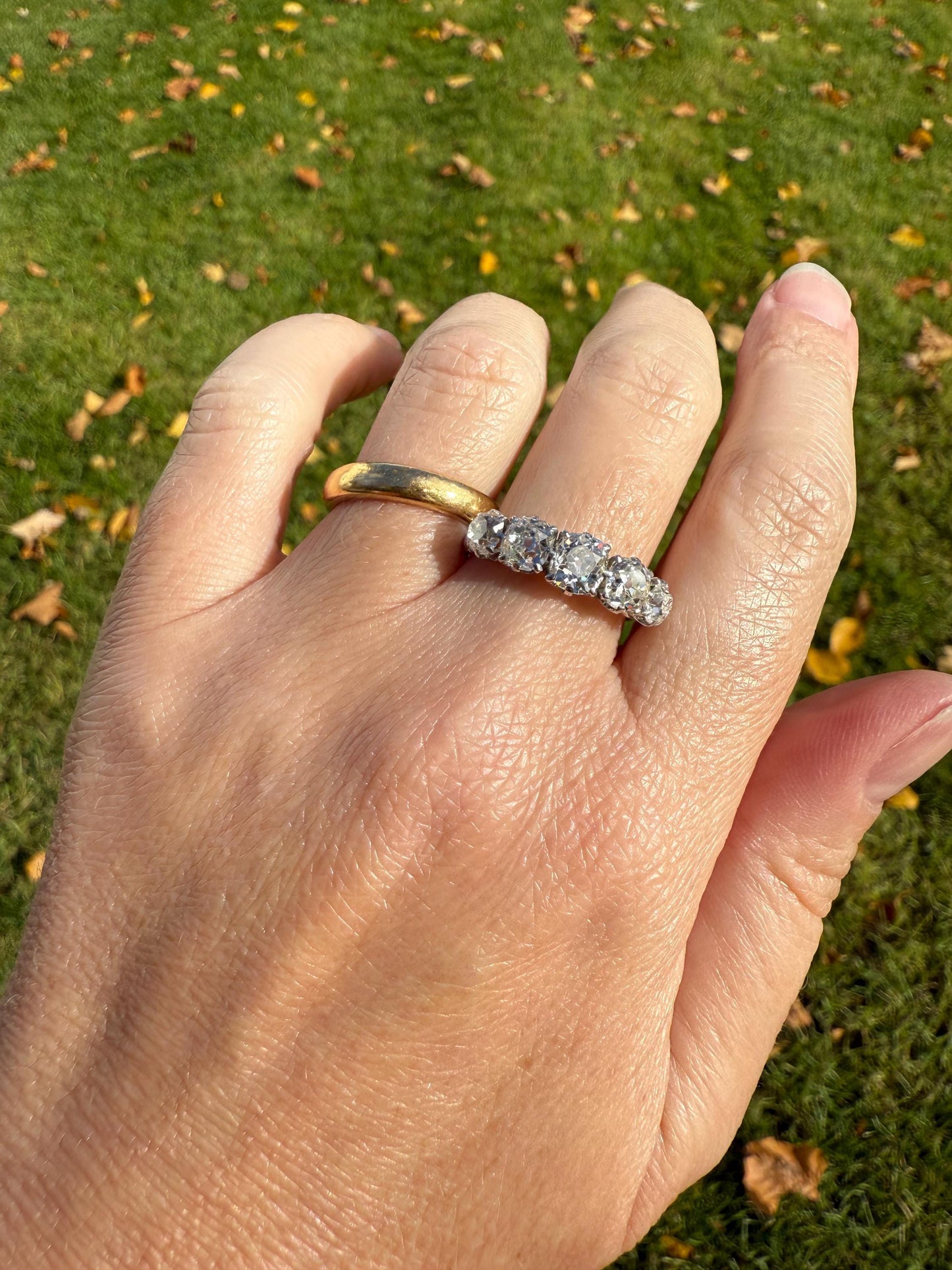 Fabulous 2.4 Carat Chunky Antique Natural Old Mine Cut DIAMOND Eye Clean Five Stone Band French 18k White Gold Platinum Solid Stacker Gift