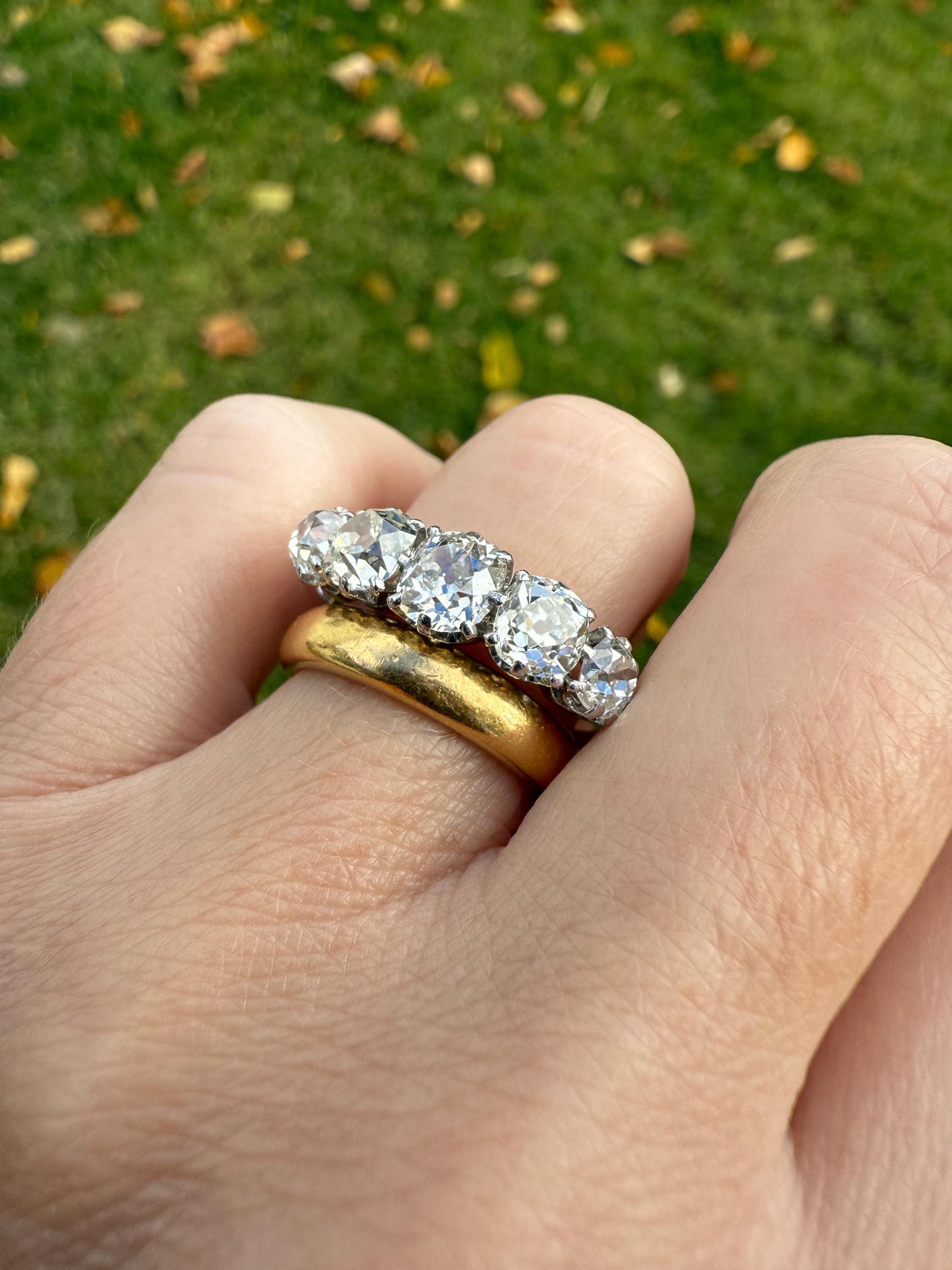 Fabulous 2.4 Carat Chunky Antique Natural Old Mine Cut DIAMOND Eye Clean Five Stone Band French 18k White Gold Platinum Solid Stacker Gift