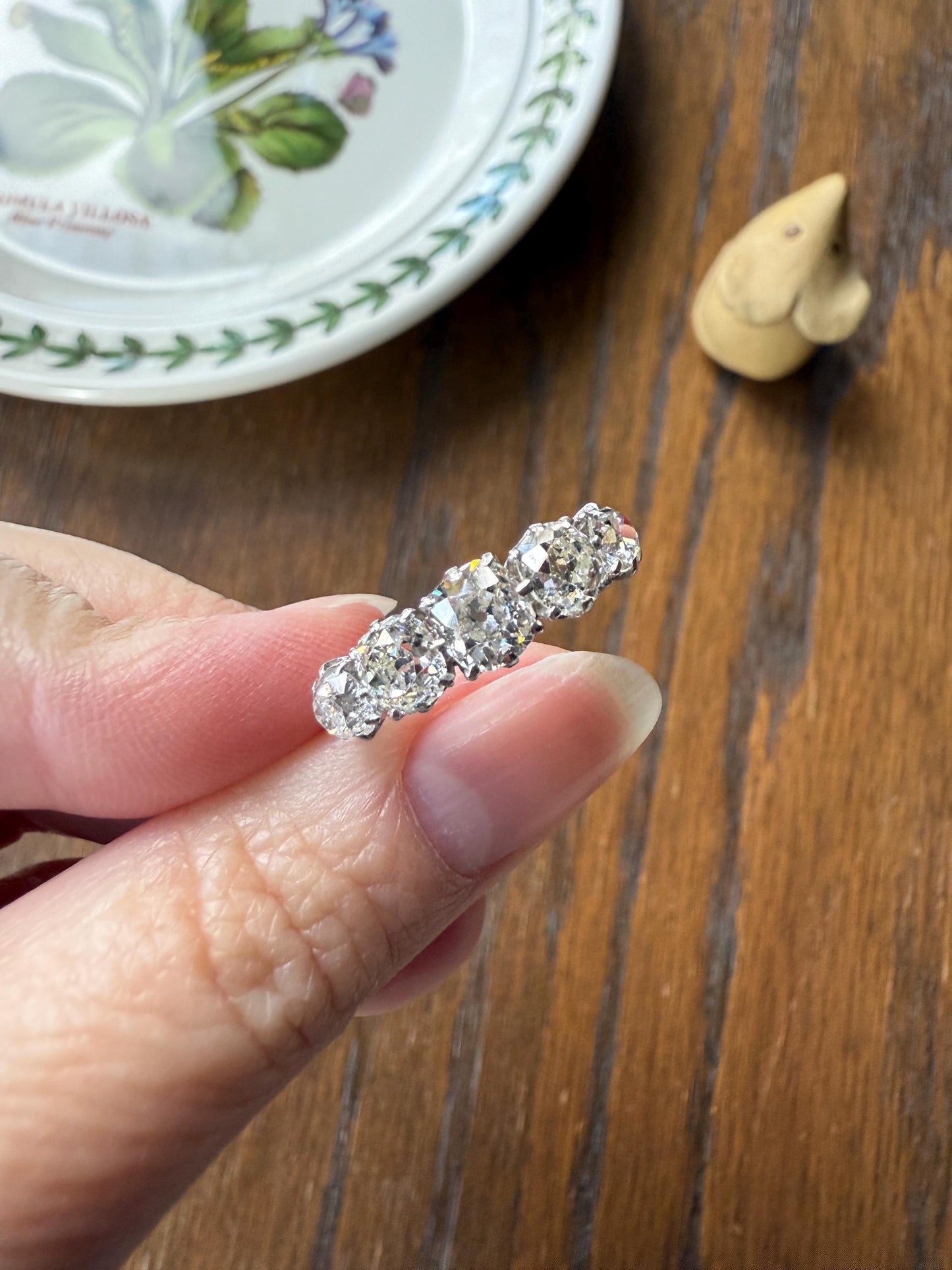 Fabulous 2.4 Carat Chunky Antique Natural Old Mine Cut DIAMOND Eye Clean Five Stone Band French 18k White Gold Platinum Solid Stacker Gift