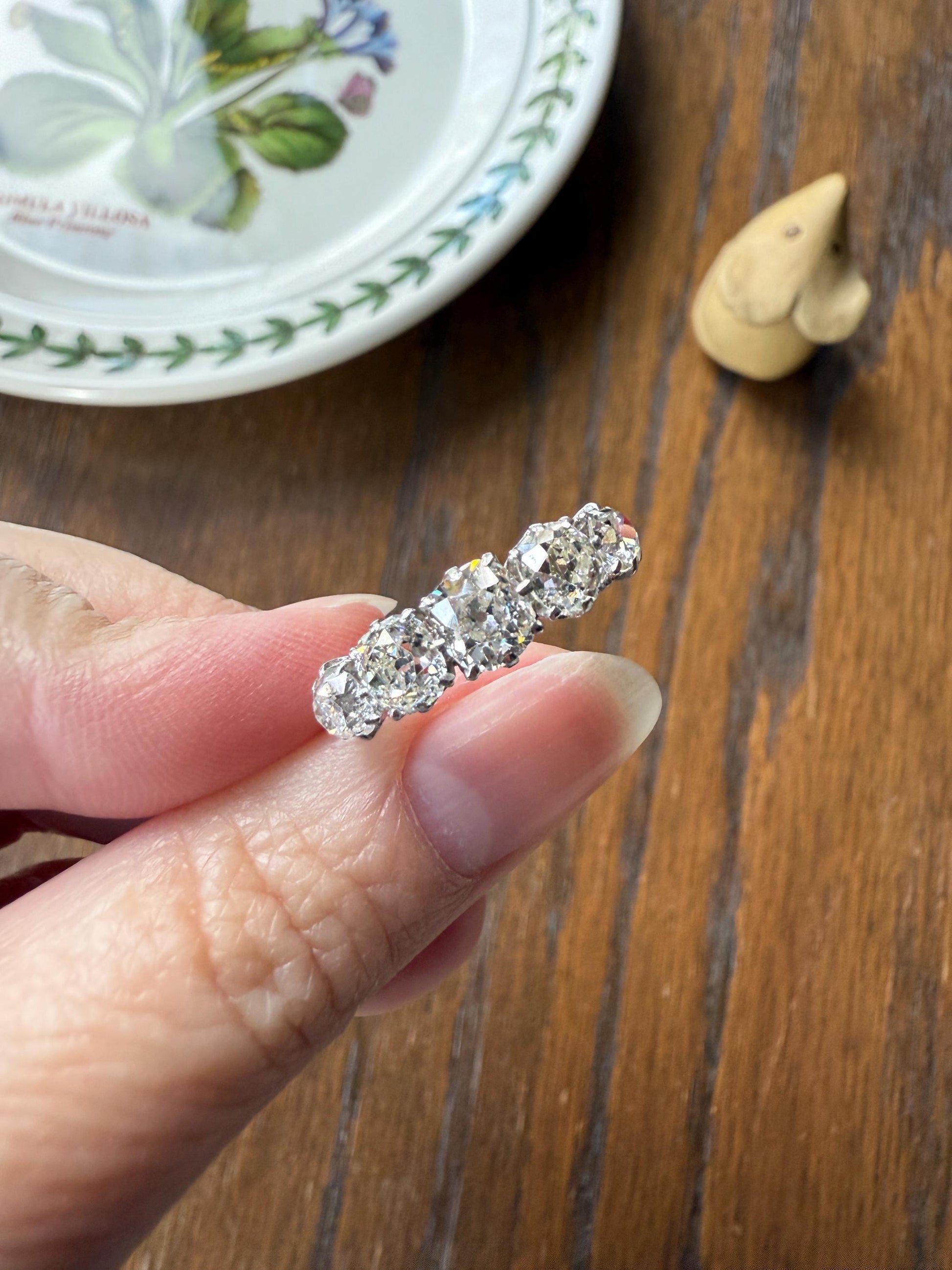 Fabulous 2.4 Carat Chunky Antique Natural Old Mine Cut DIAMOND Eye Clean Five Stone Band French 18k White Gold Platinum Solid Stacker Gift