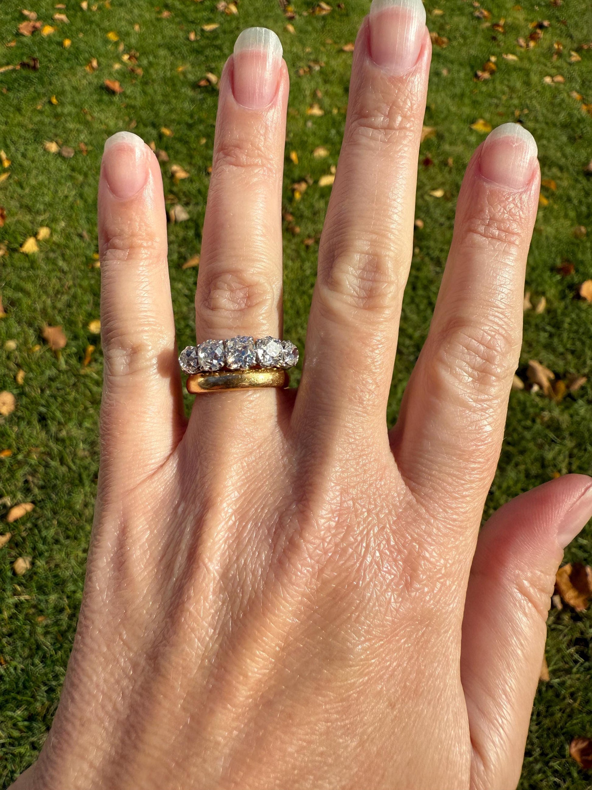 Fabulous 2.4 Carat Chunky Antique Natural Old Mine Cut DIAMOND Eye Clean Five Stone Band French 18k White Gold Platinum Solid Stacker Gift