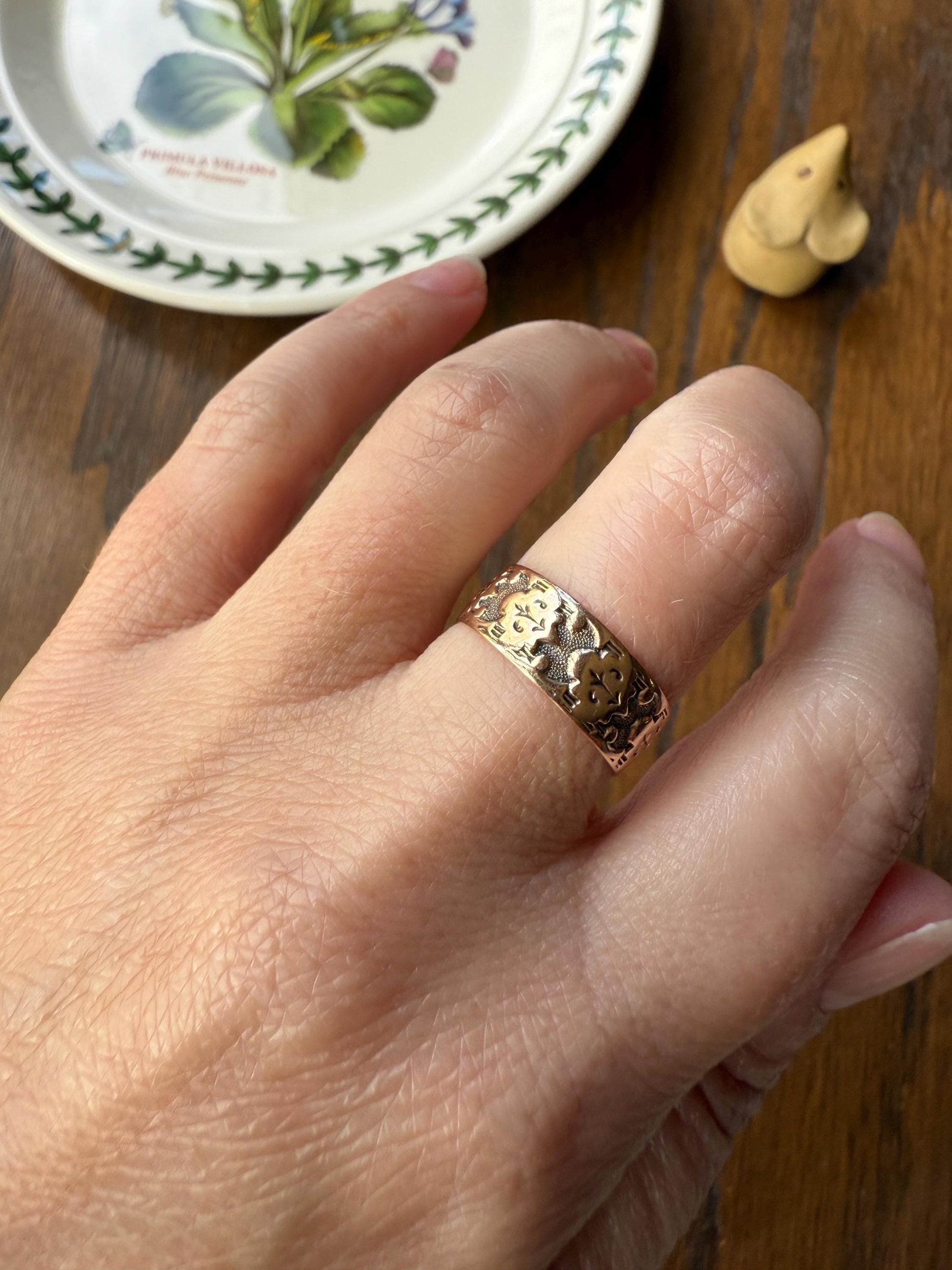 Ostby Barton Victorian Wedding Ring 6.7mm Wide Cigar Band Antique 10k Gold Solid Eternity Stacker Romantic Gift Swirl Titanic