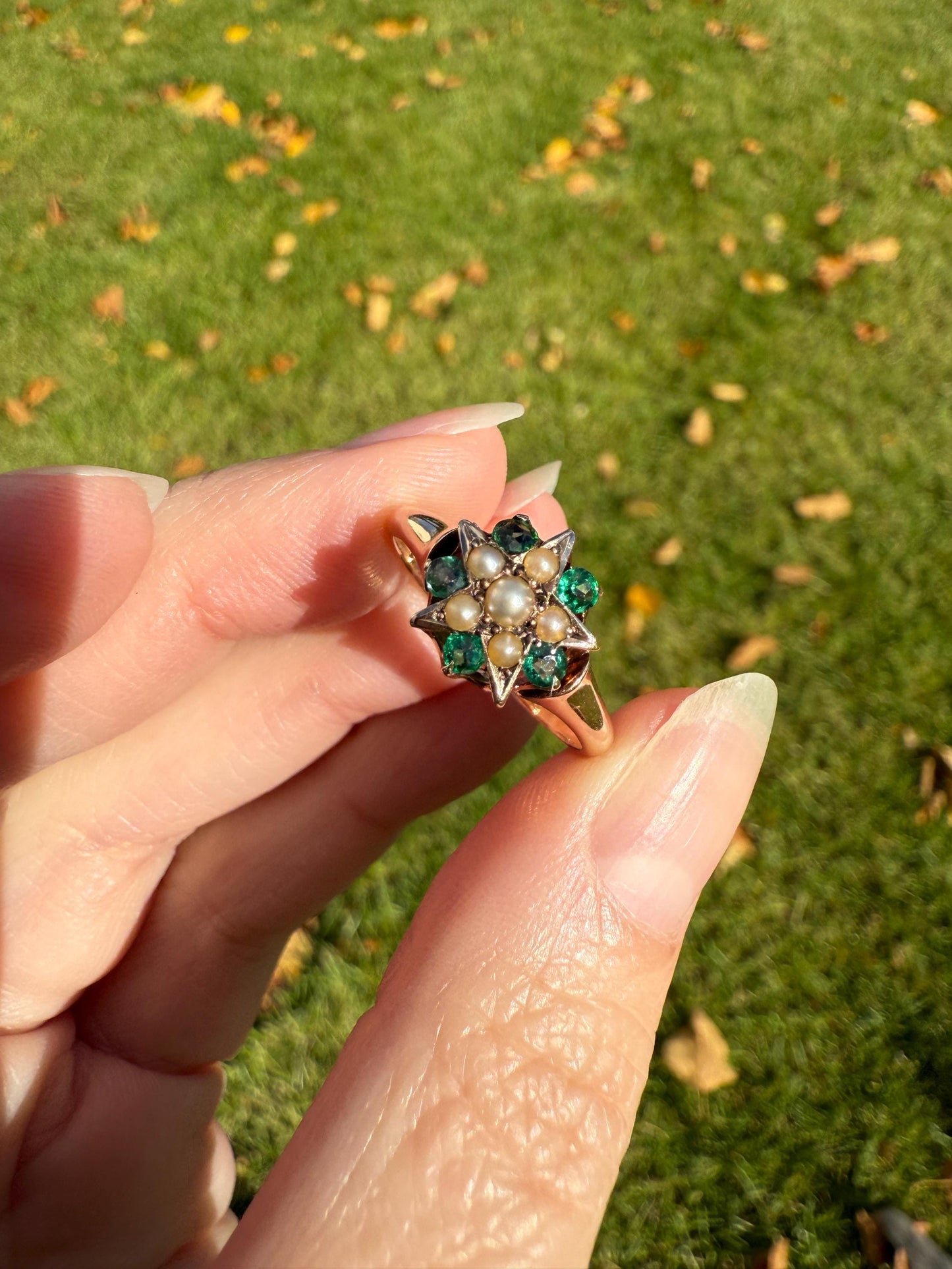 STAR Victorian Pearl Green Emerald? Doublet Figural Ring Stacker 14k Rosy Gold Band Unique Gift Celestial Tourmaline?