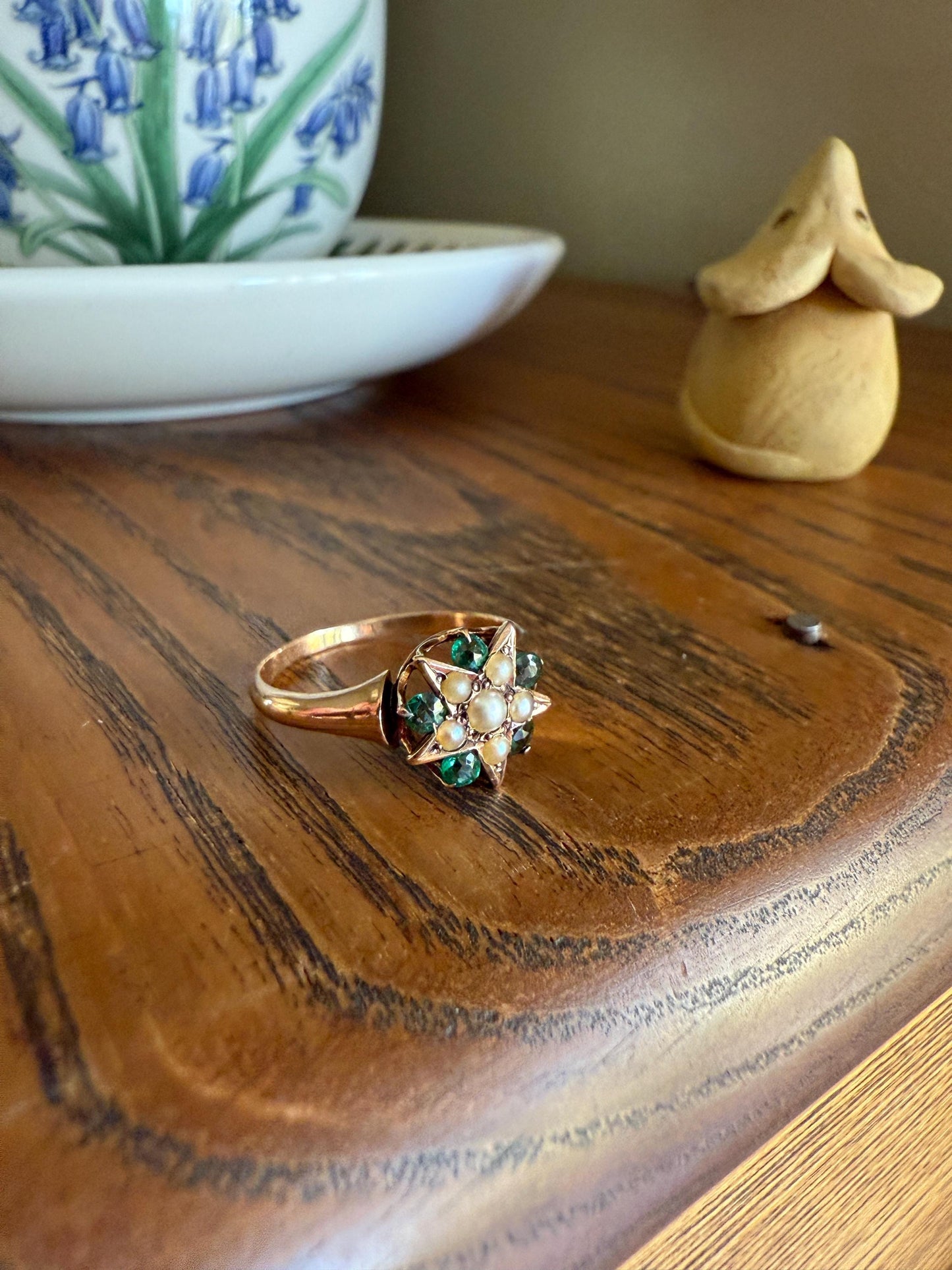 STAR Victorian Pearl Green Emerald? Doublet Figural Ring Stacker 14k Rosy Gold Band Unique Gift Celestial Tourmaline?