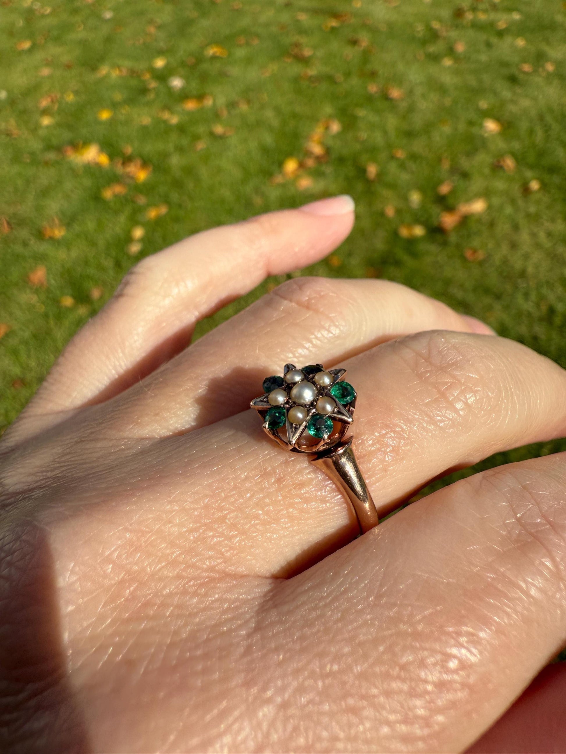 STAR Victorian Pearl Green Emerald? Doublet Figural Ring Stacker 14k Rosy Gold Band Unique Gift Celestial Tourmaline?