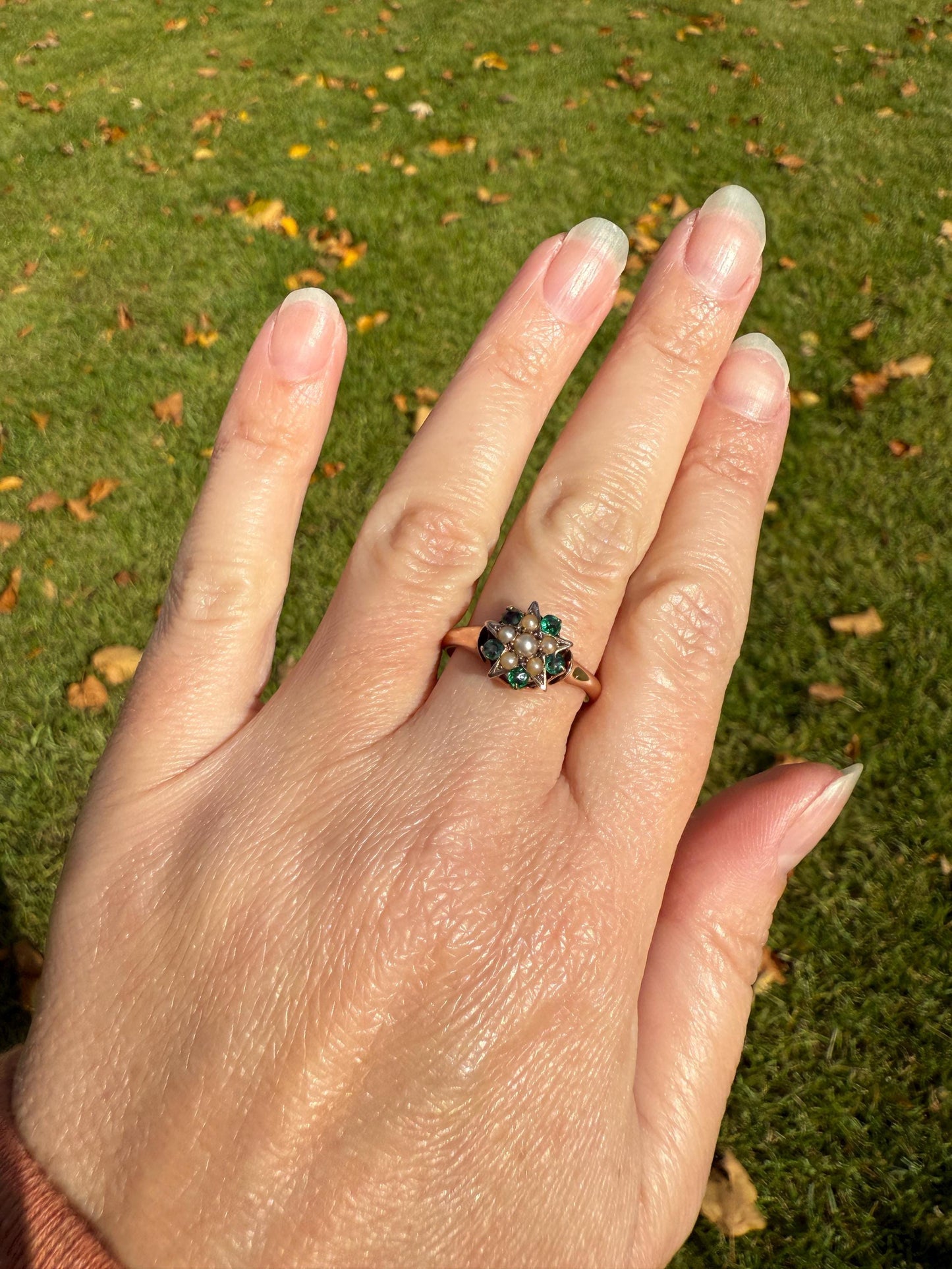 STAR Victorian Pearl Green Emerald? Doublet Figural Ring Stacker 14k Rosy Gold Band Unique Gift Celestial Tourmaline?