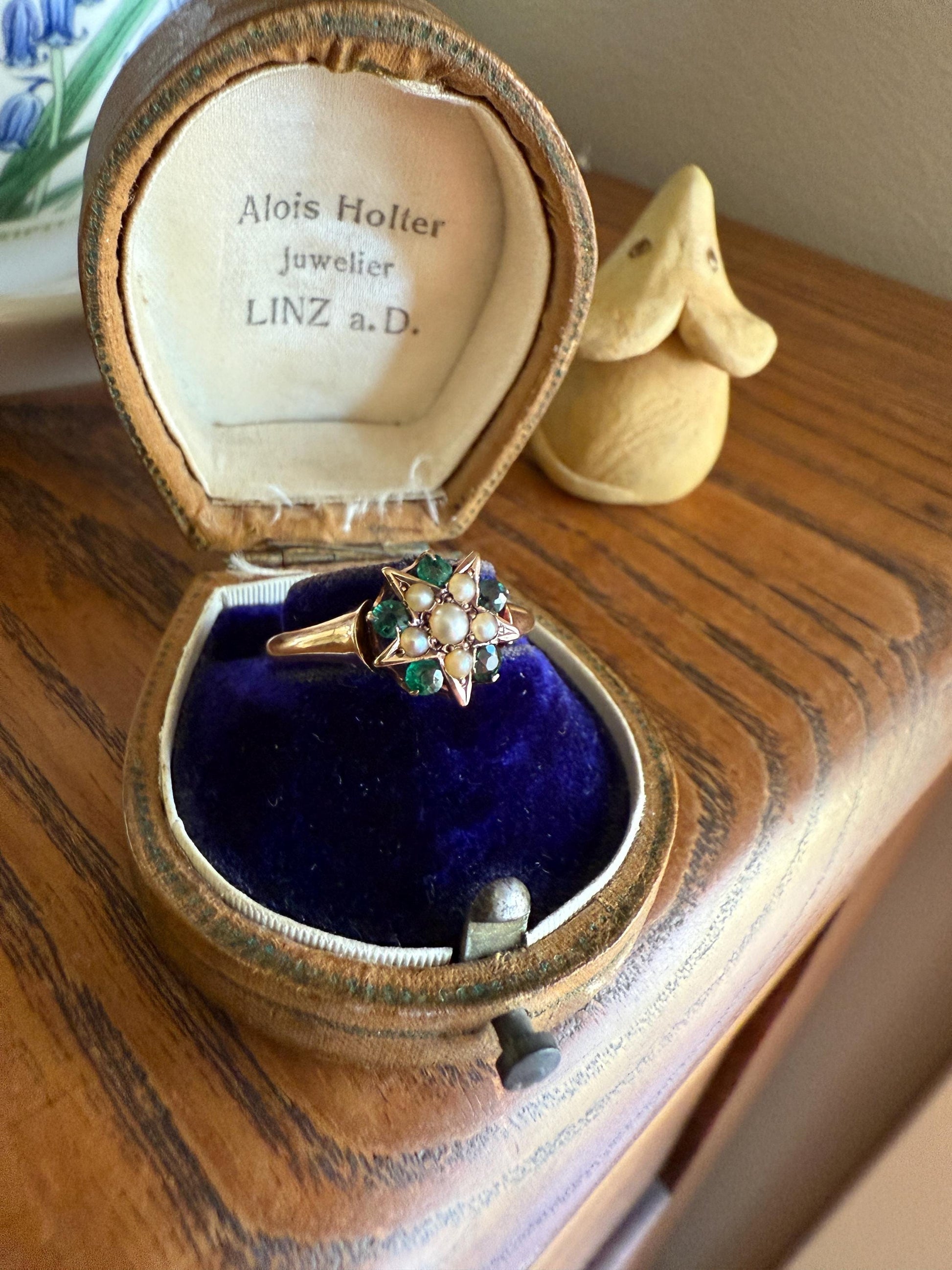 STAR Victorian Pearl Green Emerald? Doublet Figural Ring Stacker 14k Rosy Gold Band Unique Gift Celestial Tourmaline?