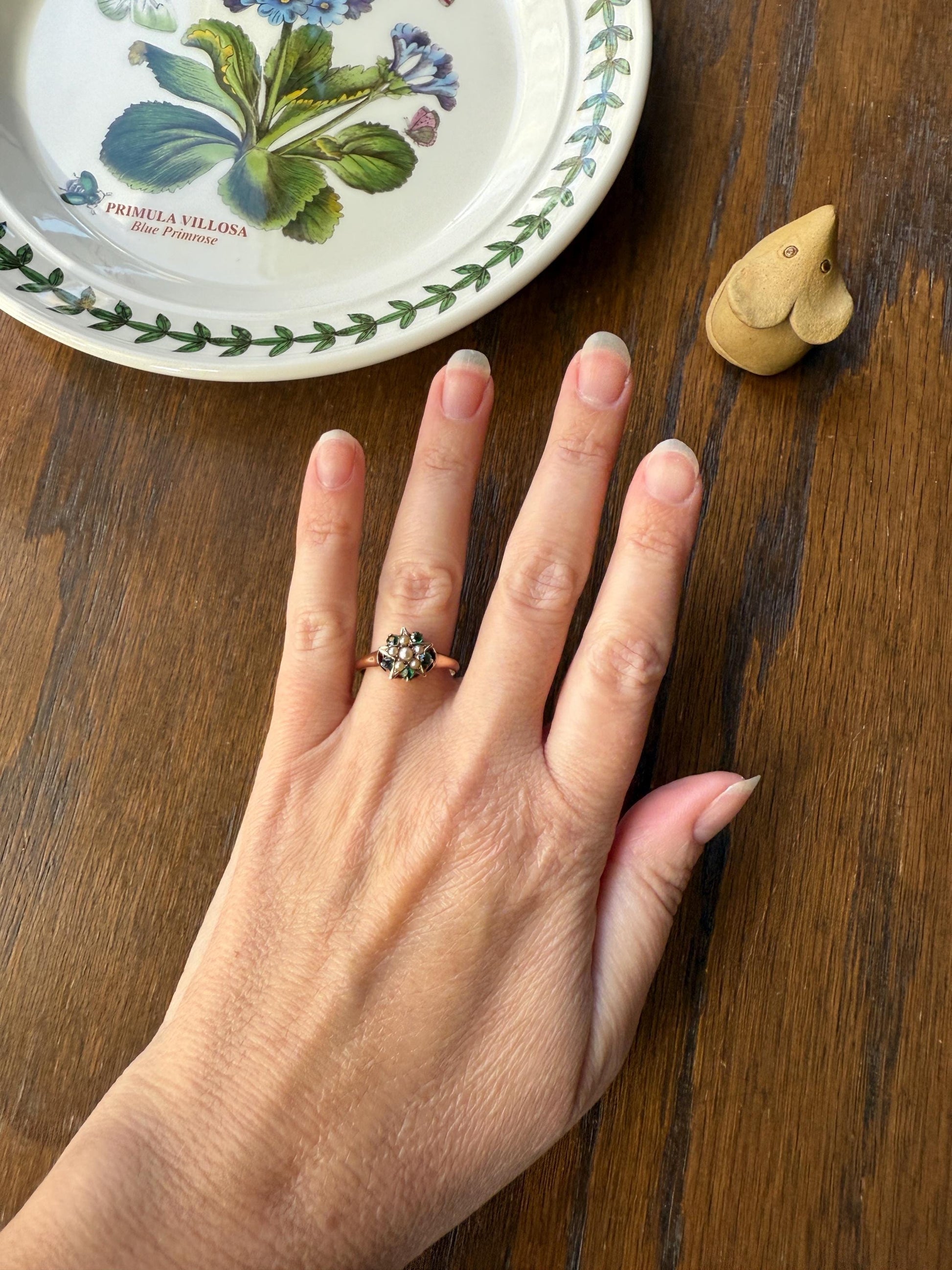 STAR Victorian Pearl Green Emerald? Doublet Figural Ring Stacker 14k Rosy Gold Band Unique Gift Celestial Tourmaline?