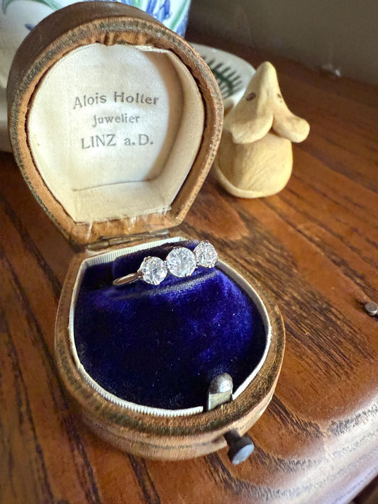 Antique One Carat Old European Cut DIAMOND Three Stone Ring Prong Set Stacker Trilogy 14k White Gold Art Deco Romantic Gift OEC 1Ctw