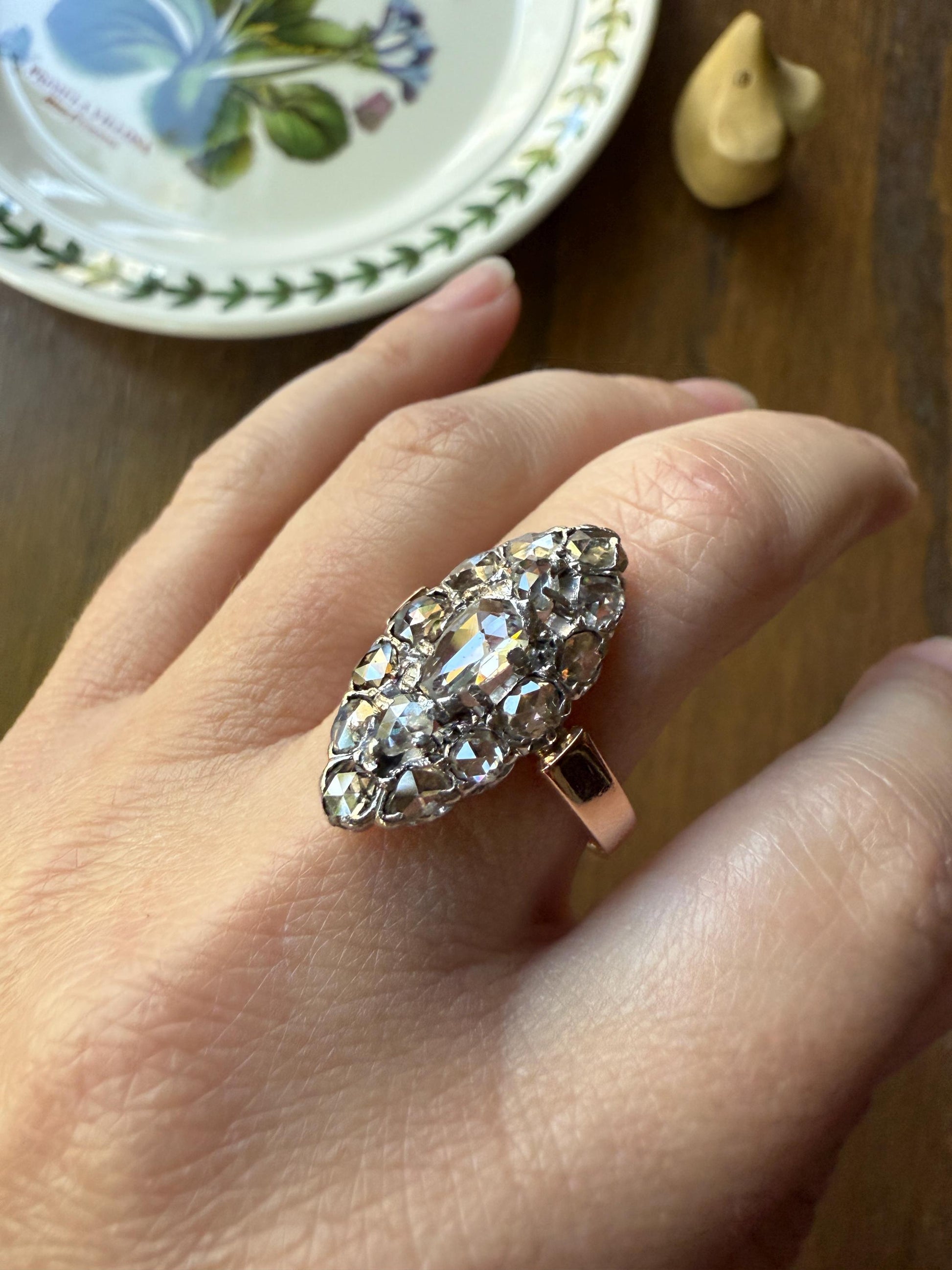 XL Antique Unique Elongated Rose Cut Diamond Navette Cluster Open Back French Victorian Era 18k Rose Gold & Platinum 1 inch Chunky Sparkle