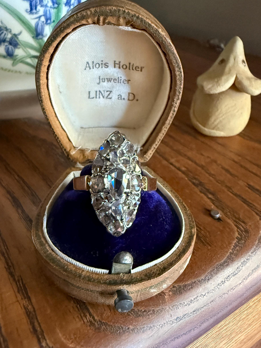 XL Antique Unique Elongated Rose Cut Diamond Navette Cluster Open Back French Victorian Era 18k Rose Gold & Platinum 1 inch Chunky Sparkle
