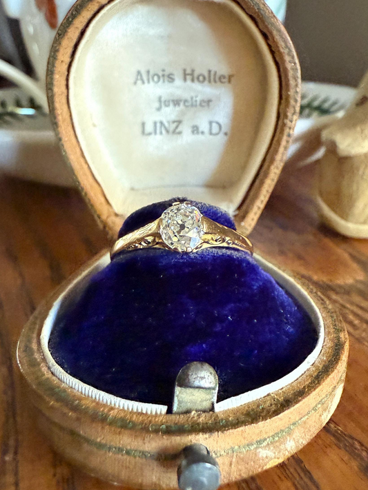 Scrolled Eye Clean Antique .7 Carat Old Mine Cut DIAMOND Solitaire Ornate Victorian Engagement Ring 18k Gold