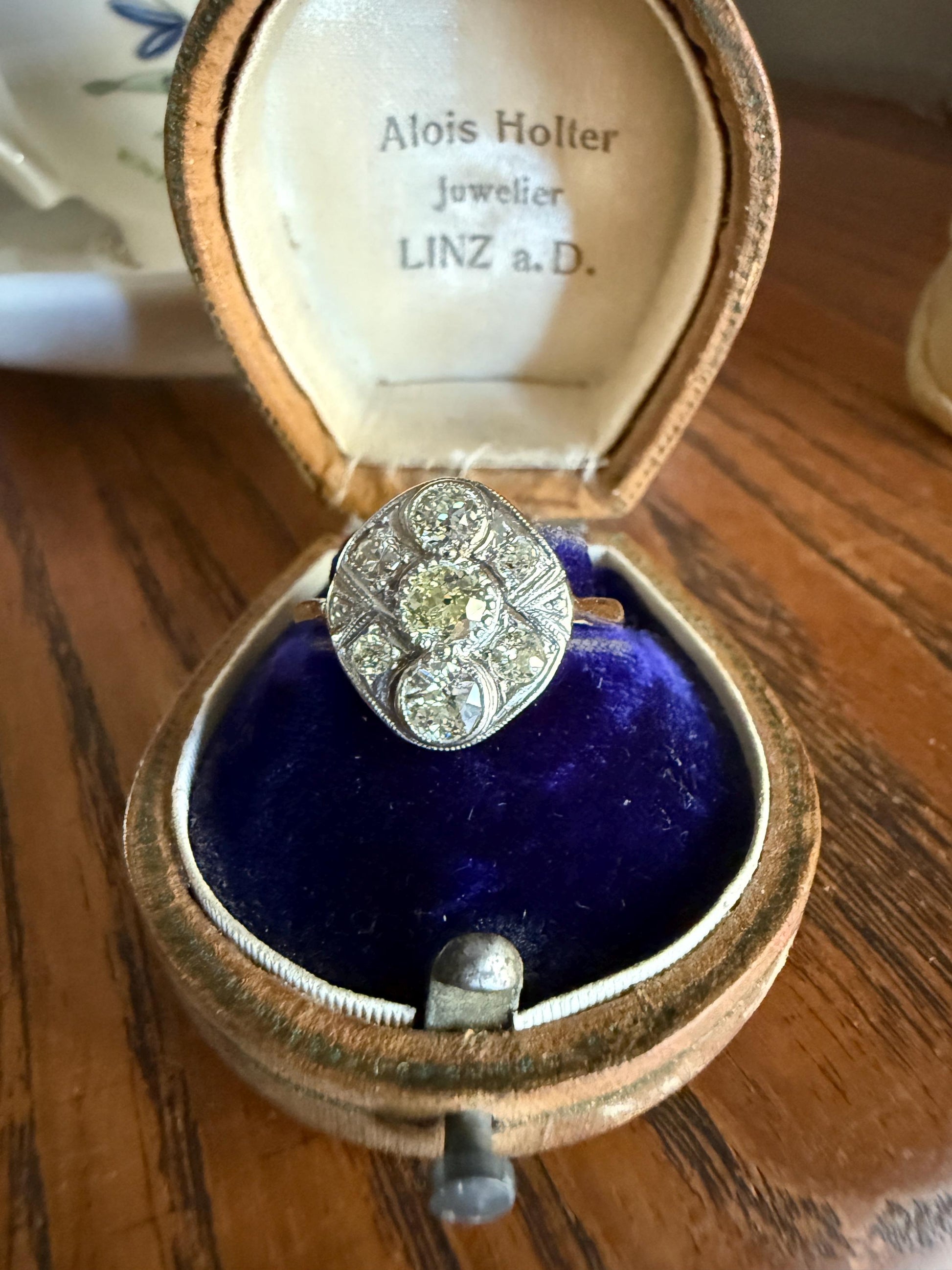Edwardian Antique 1.1 Carat Old Mine Cut Diamond Cluster Ring Panel Oval Platform Ornate Geometric Milgrain Pale Yellow Center 1.1Ctw OMC