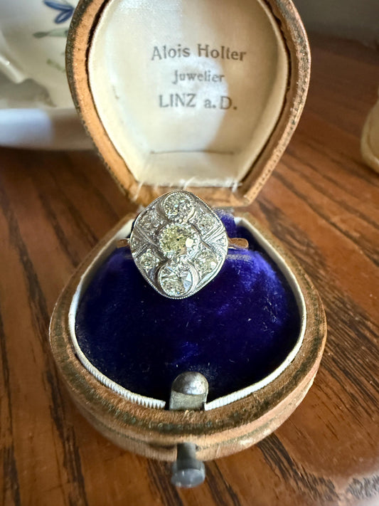 Edwardian Antique 1.1 Carat Old Mine Cut Diamond Cluster Ring Panel Oval Platform Ornate Geometric Milgrain Pale Yellow Center 1.1Ctw OMC