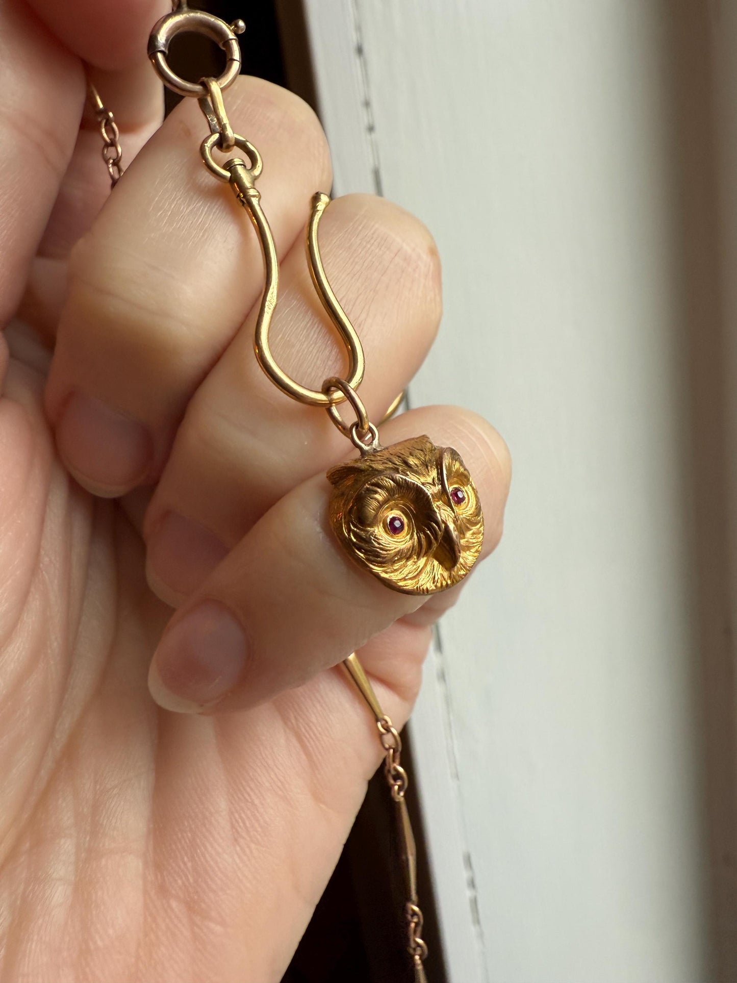 OWL 3D French Antique Victorian 18k Gold Figural Pendant Ruby Eyes Belle Epoque Necklace Bracelet Charm Animal Jewelry Wisdom Belle Epoque