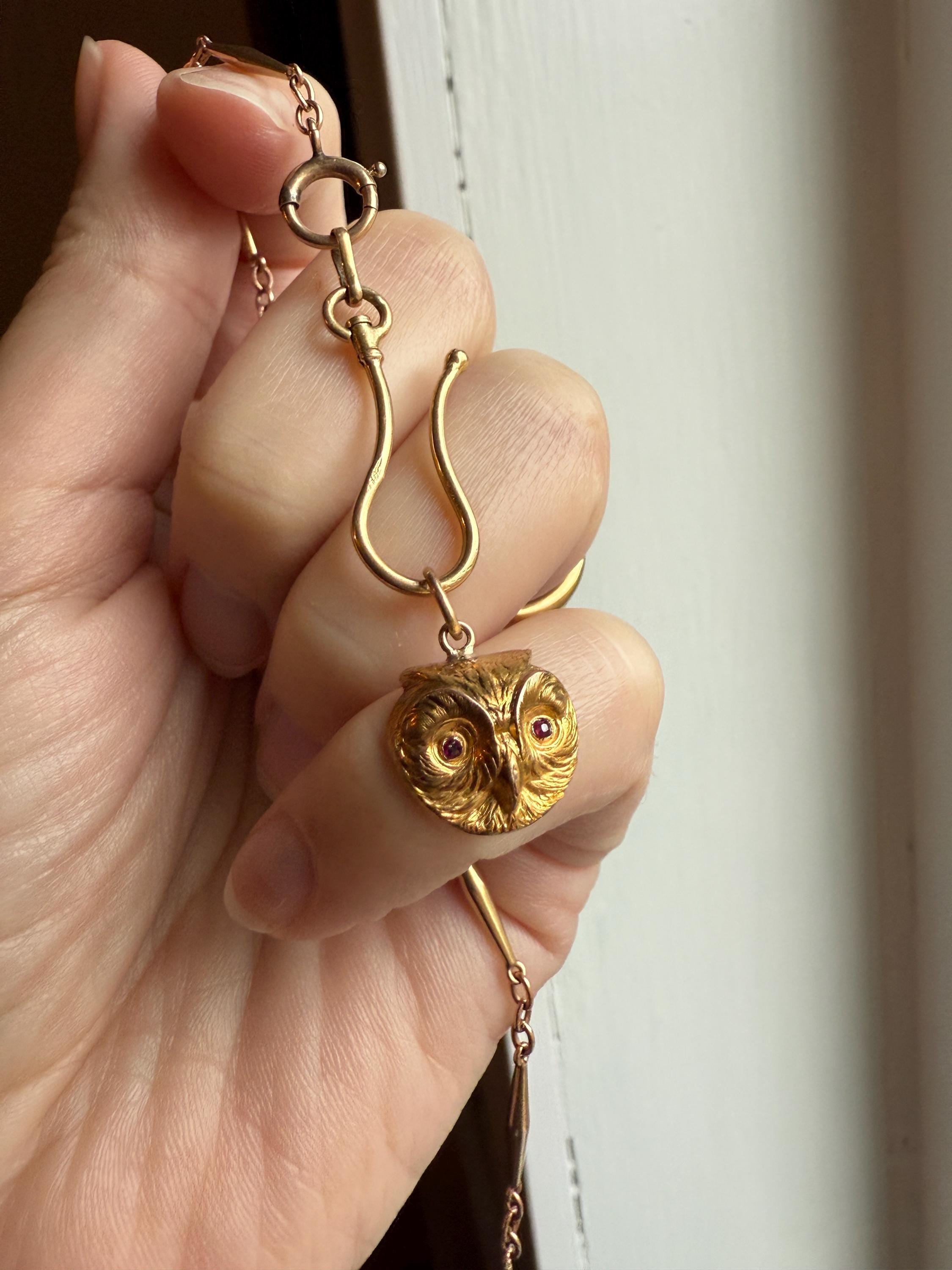 OWL 3D French Antique Victorian 18k Gold Figural Pendant Ruby Eyes