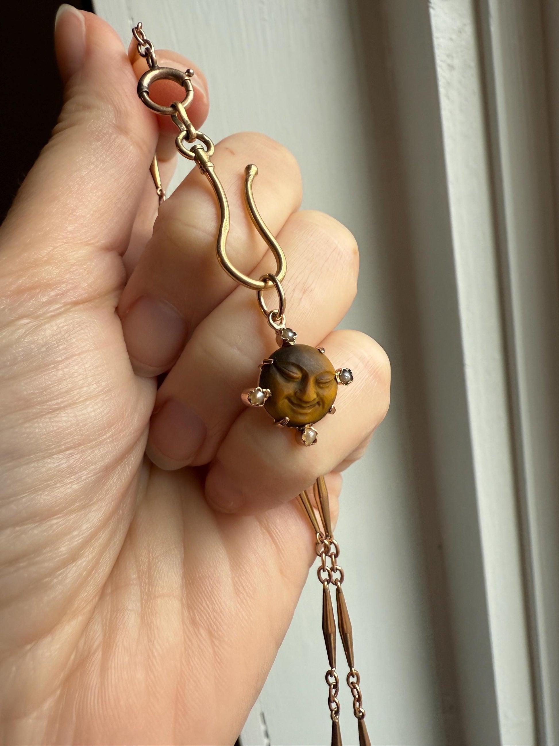 MOON Antique Carve Catseye Chyrsoberyl Pearl Smiling Man Face French Victorian 18k Gold Figural Pendant Belle Epoque Necklace Bracelet Charm