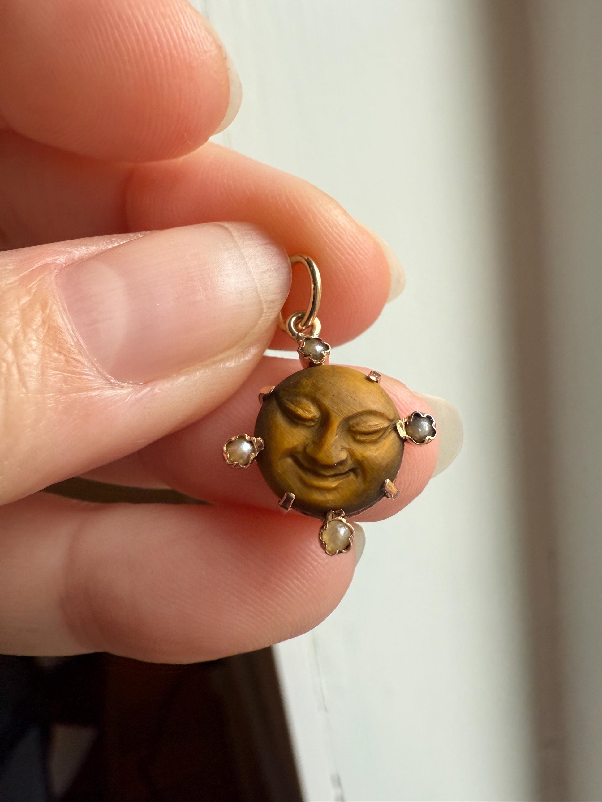 MOON Antique Carve Catseye Chyrsoberyl Pearl Smiling Man Face French Victorian 18k Gold Figural Pendant Belle Epoque Necklace Bracelet Charm