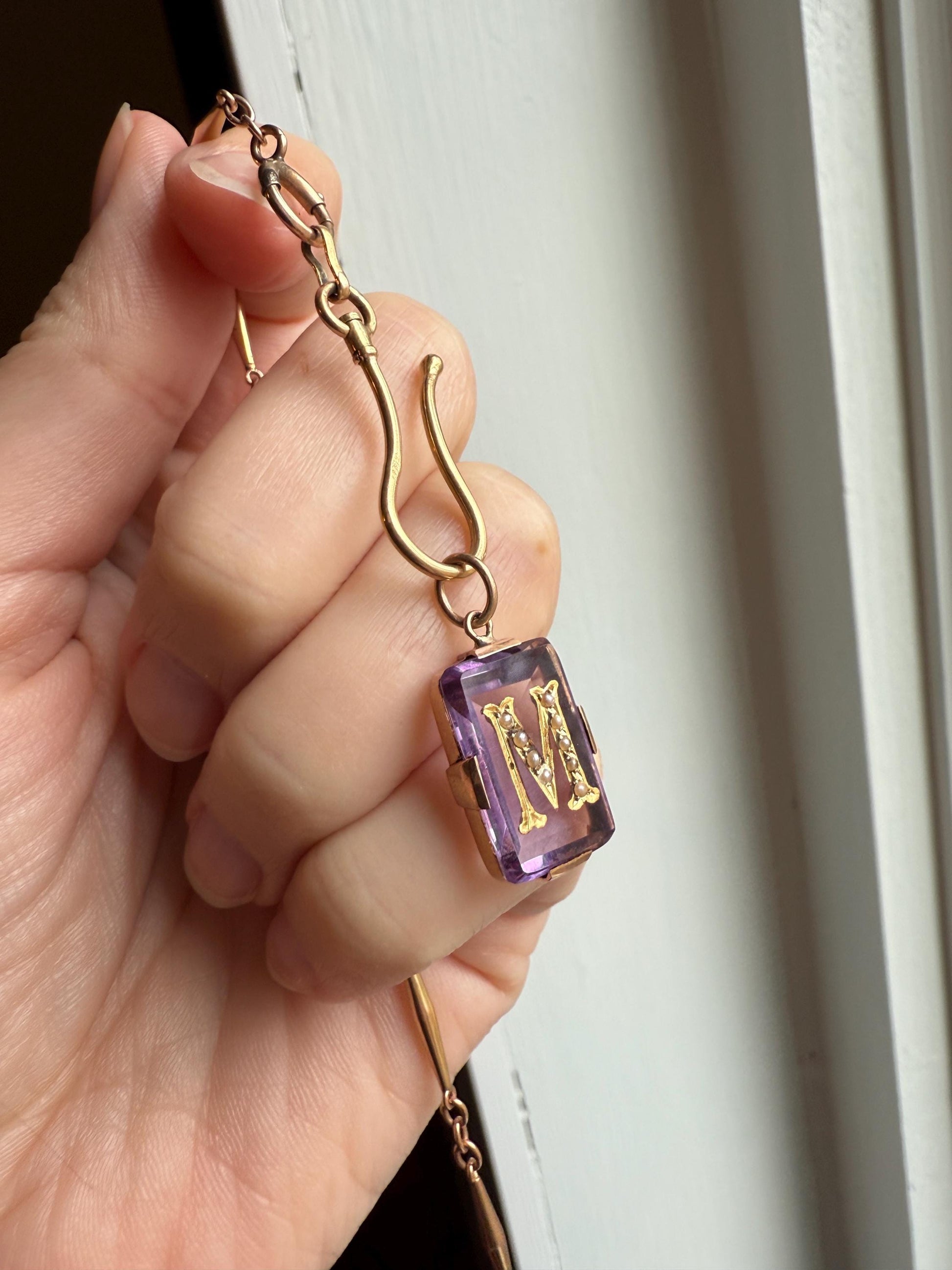 LETTER M Amethyst French Antique Victorian 18k Gold Figural Pendant Rosy Belle Epoque Necklace Bracelet Charm Lilac Purple Pearl Inlay