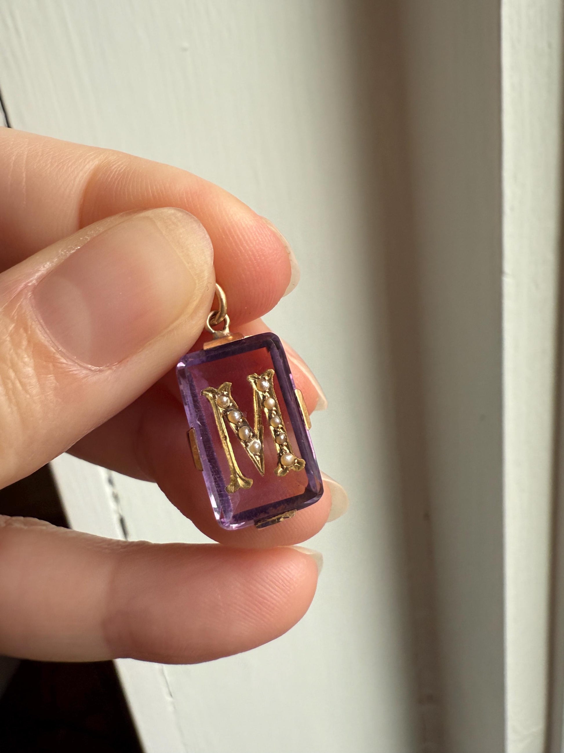LETTER M Amethyst French Antique Victorian 18k Gold Figural Pendant Rosy Belle Epoque Necklace Bracelet Charm Lilac Purple Pearl Inlay