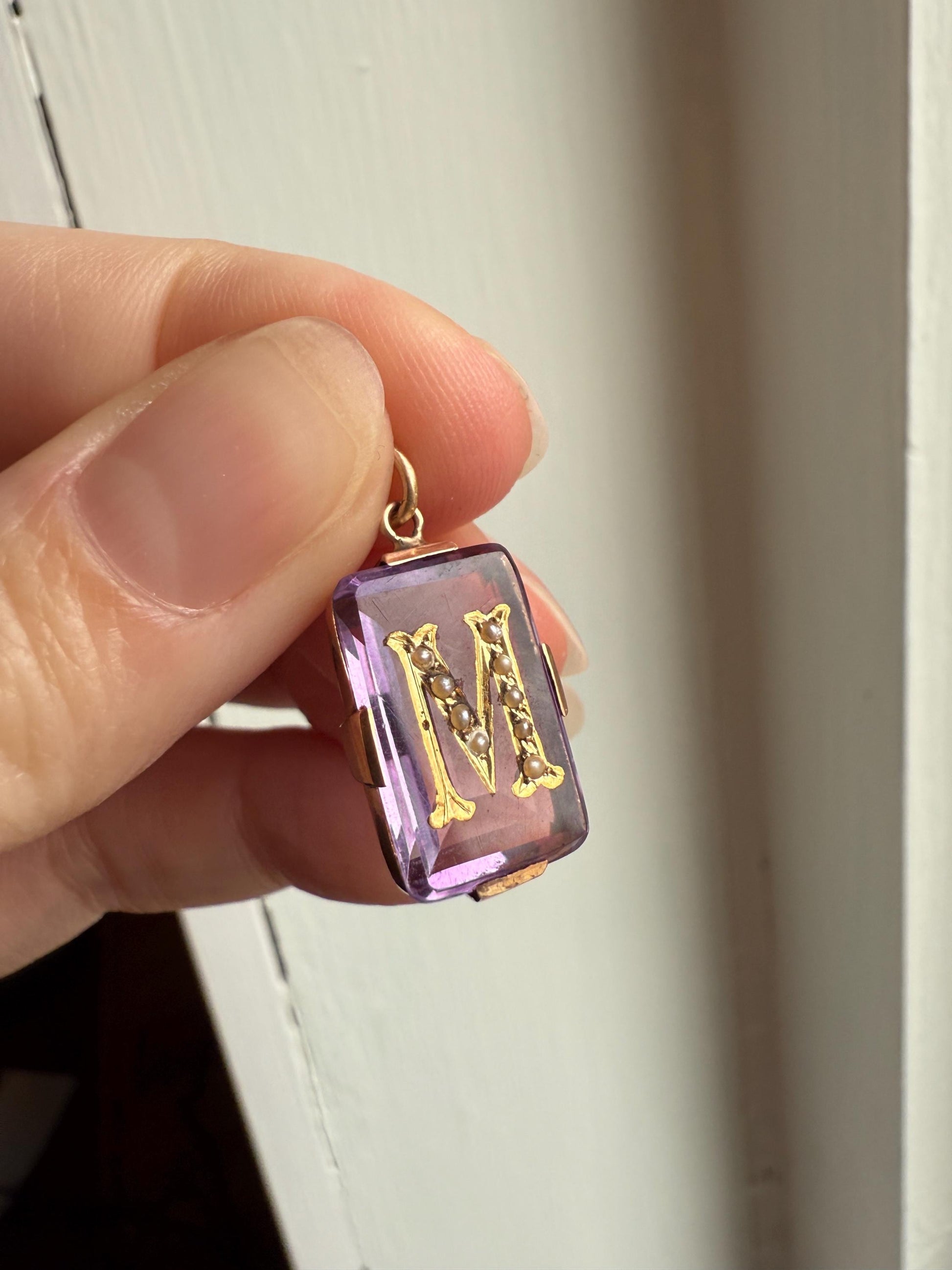 LETTER M Amethyst French Antique Victorian 18k Gold Figural Pendant Rosy Belle Epoque Necklace Bracelet Charm Lilac Purple Pearl Inlay