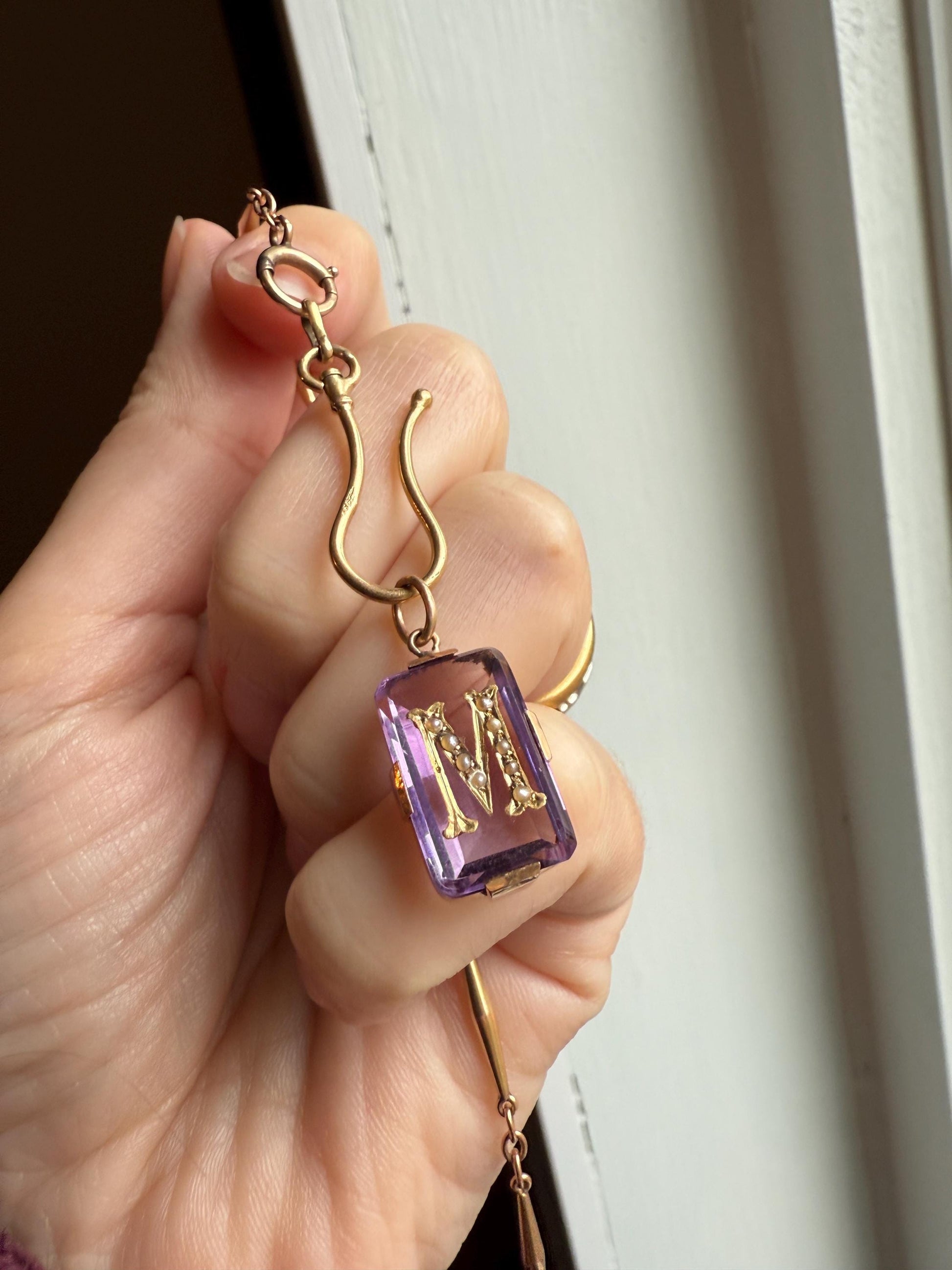 LETTER M Amethyst French Antique Victorian 18k Gold Figural Pendant Rosy Belle Epoque Necklace Bracelet Charm Lilac Purple Pearl Inlay