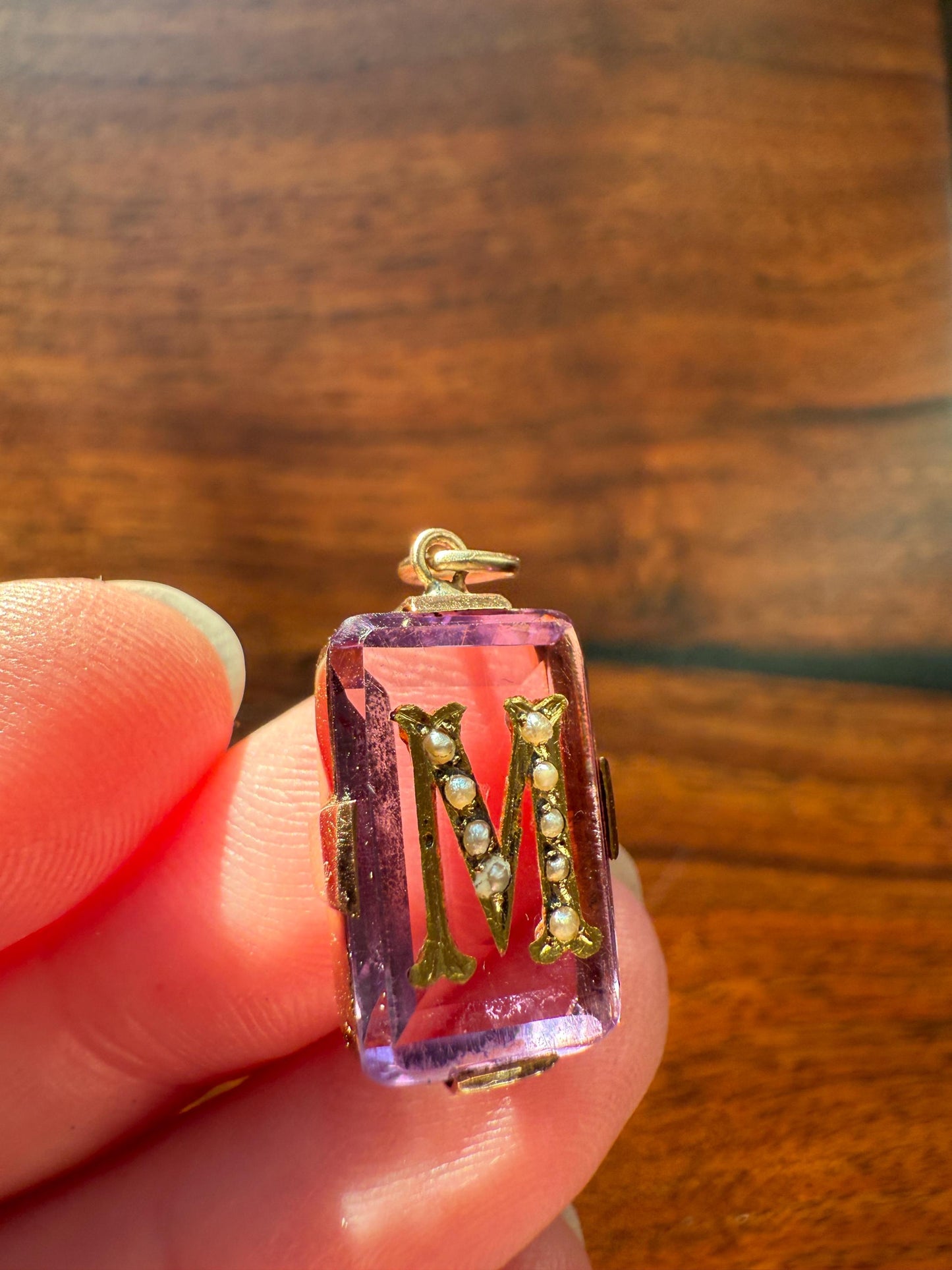 LETTER M Amethyst French Antique Victorian 18k Gold Figural Pendant Rosy Belle Epoque Necklace Bracelet Charm Lilac Purple Pearl Inlay