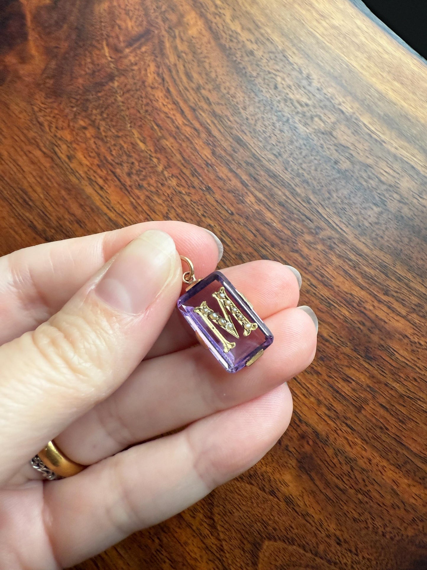 LETTER M Amethyst French Antique Victorian 18k Gold Figural Pendant Rosy Belle Epoque Necklace Bracelet Charm Lilac Purple Pearl Inlay