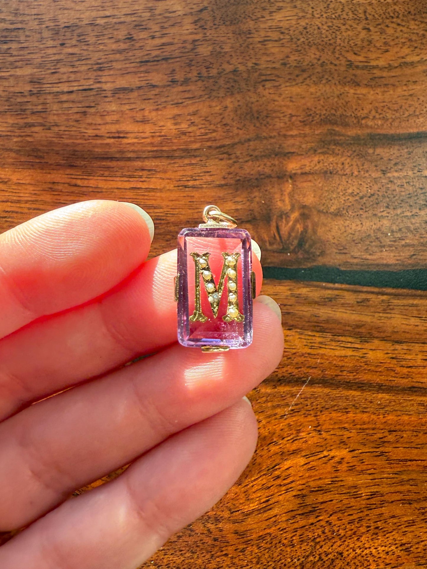 LETTER M Amethyst French Antique Victorian 18k Gold Figural Pendant Rosy Belle Epoque Necklace Bracelet Charm Lilac Purple Pearl Inlay