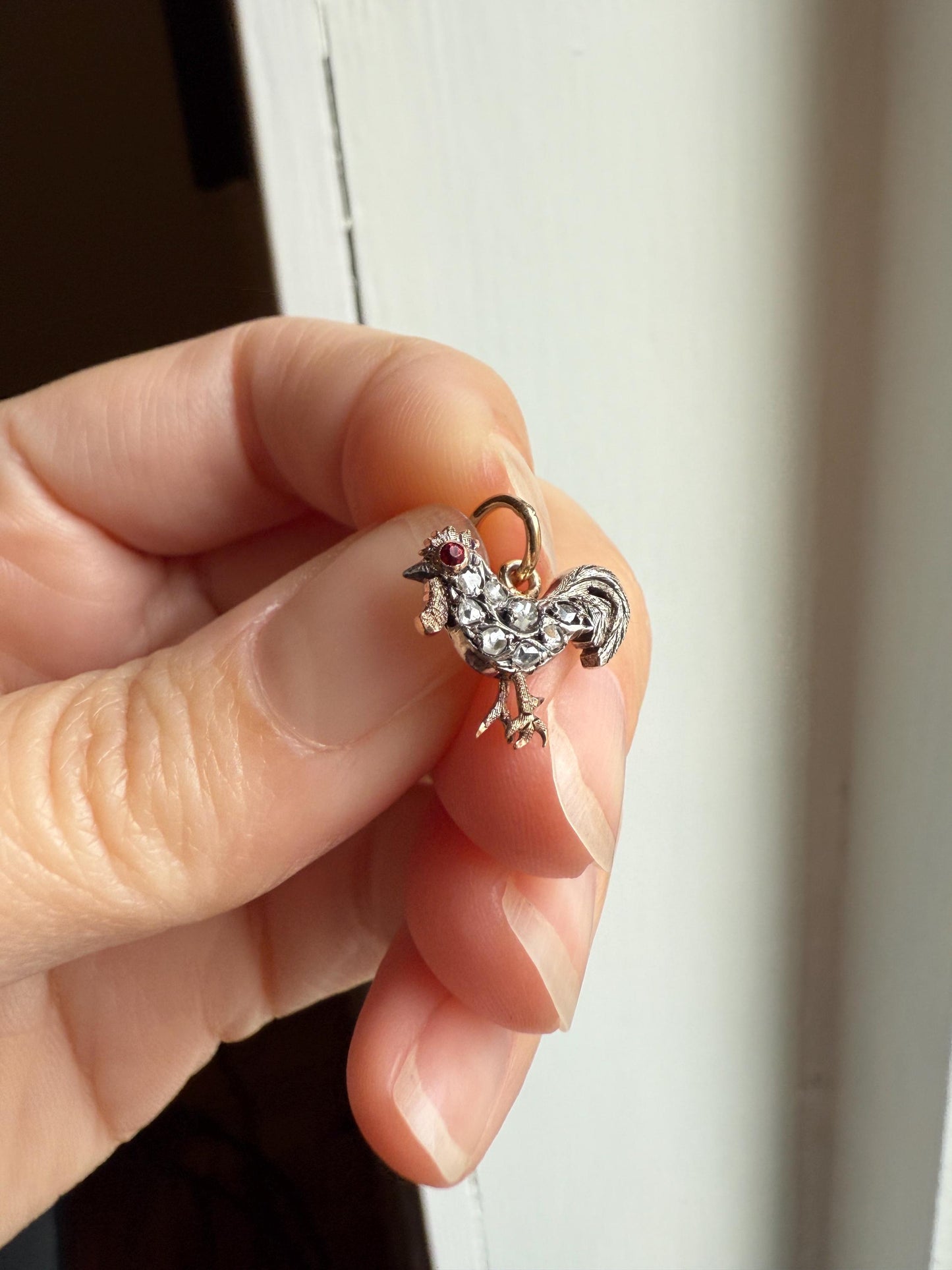 ROOSTER Rose Cut DIAMOND Ruby Eye Antique Victorian 14k Gold Silver Figural Pendant Necklace Bracelet Charm Animal Bird Jewelry Courage