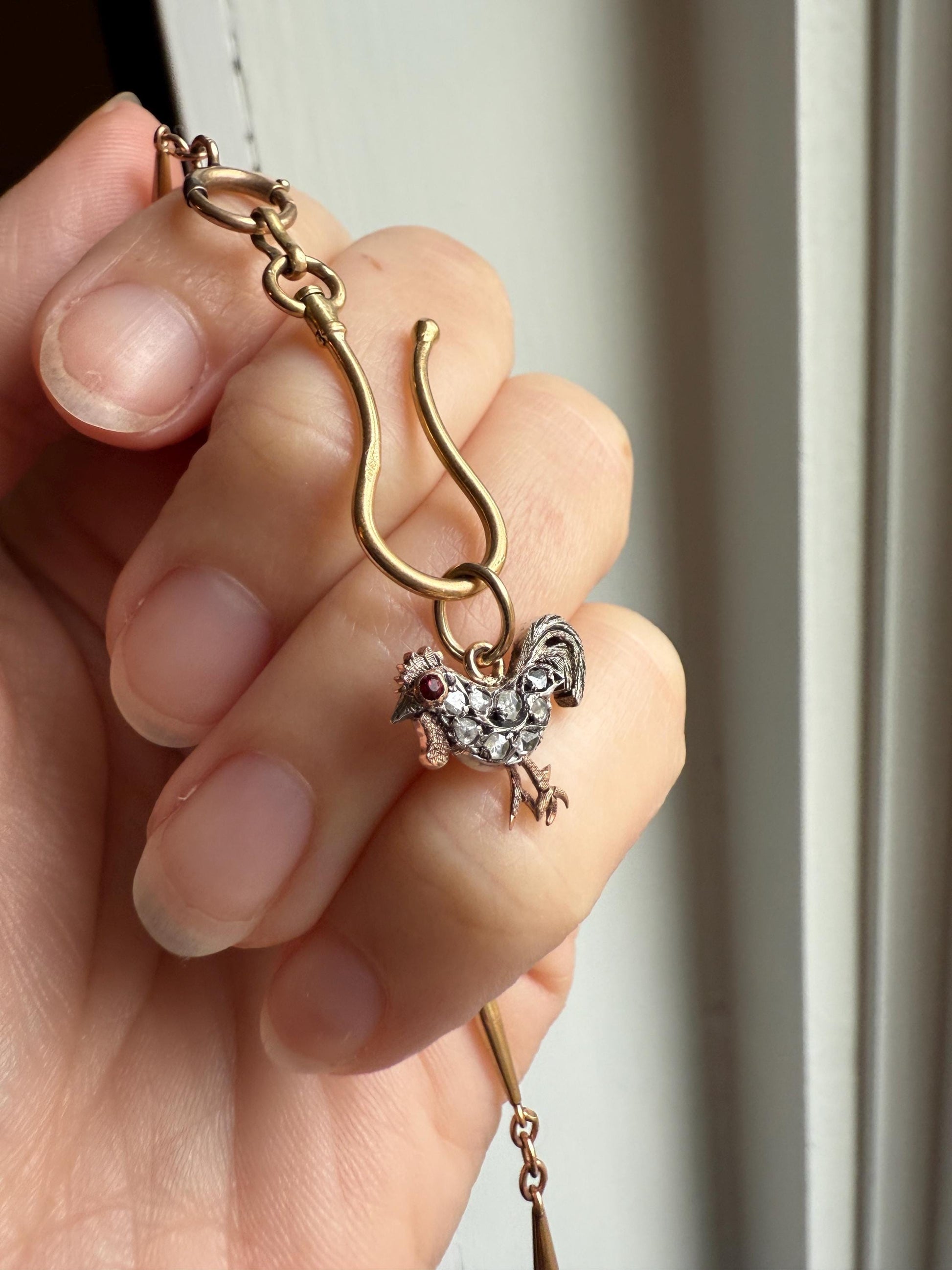 ROOSTER Rose Cut DIAMOND Ruby Eye Antique Victorian 14k Gold Silver Figural Pendant Necklace Bracelet Charm Animal Bird Jewelry Courage