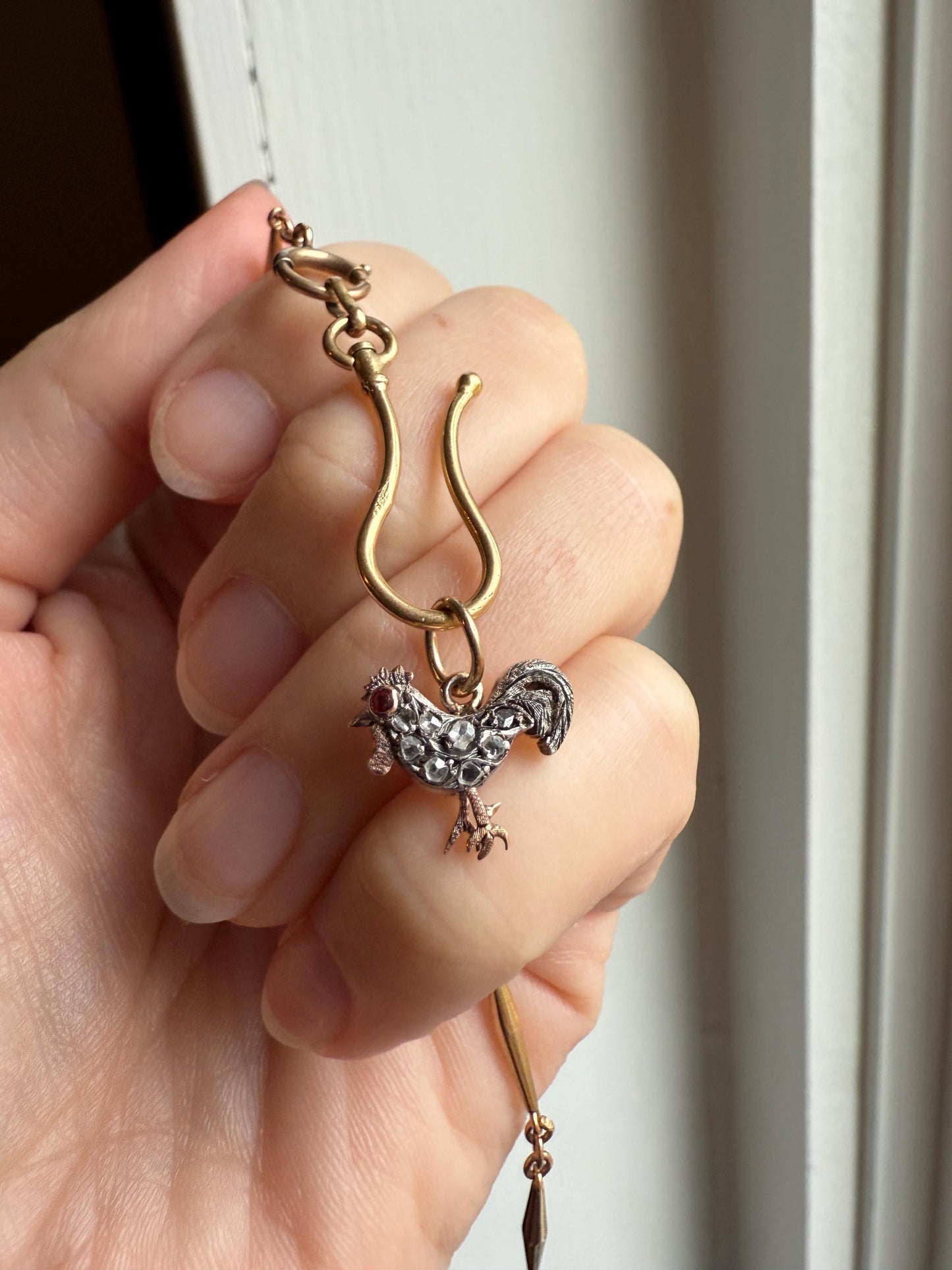 ROOSTER Rose Cut DIAMOND Ruby Eye Antique Victorian 14k Gold Silver Figural Pendant Necklace Bracelet Charm Animal Bird Jewelry Courage