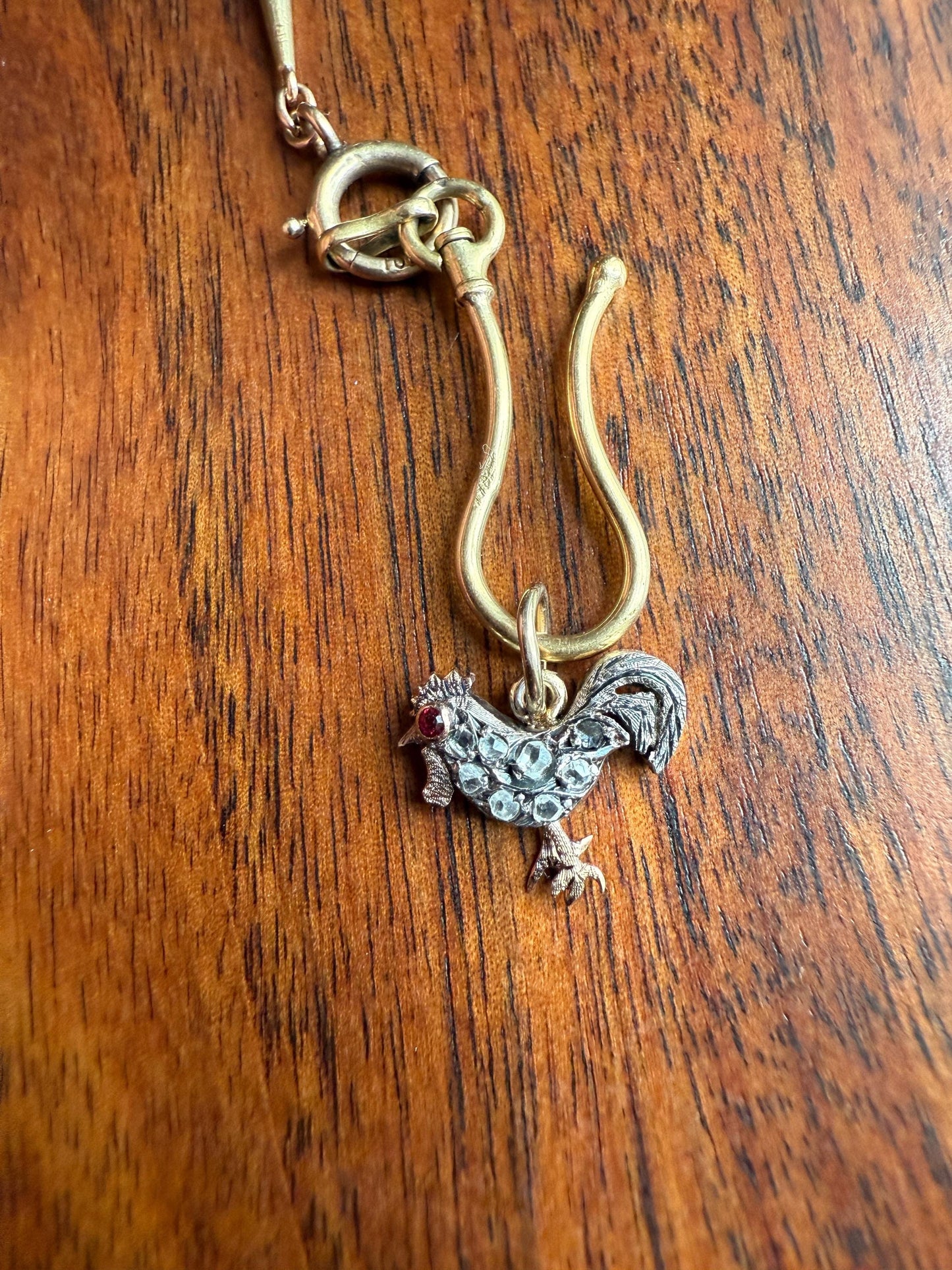 ROOSTER Rose Cut DIAMOND Ruby Eye Antique Victorian 14k Gold Silver Figural Pendant Necklace Bracelet Charm Animal Bird Jewelry Courage